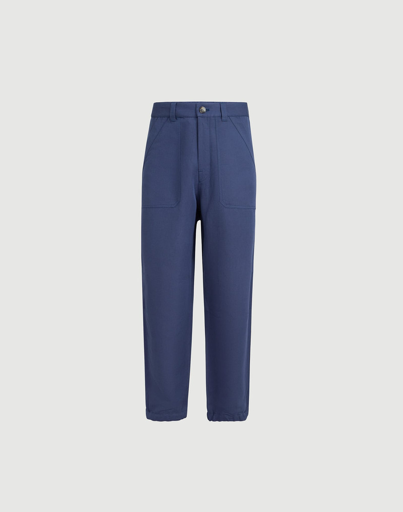 Linen and cotton drill trousers with patch pockets and drawstring 1