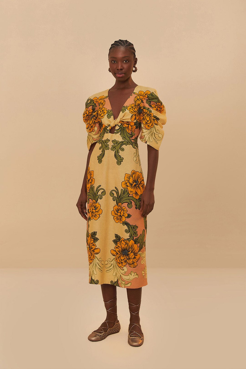 Cream Delicate Flower Arabesques Euroflax™ Premium Linen Midi Dress 1