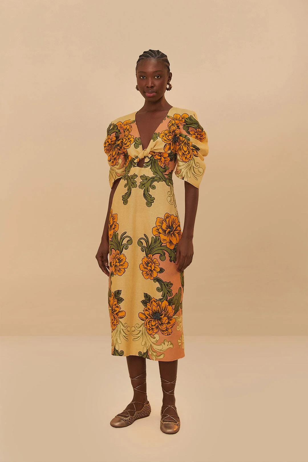 Cream Delicate Flower Arabesques Euroflax™ Premium Linen Midi Dress - 1