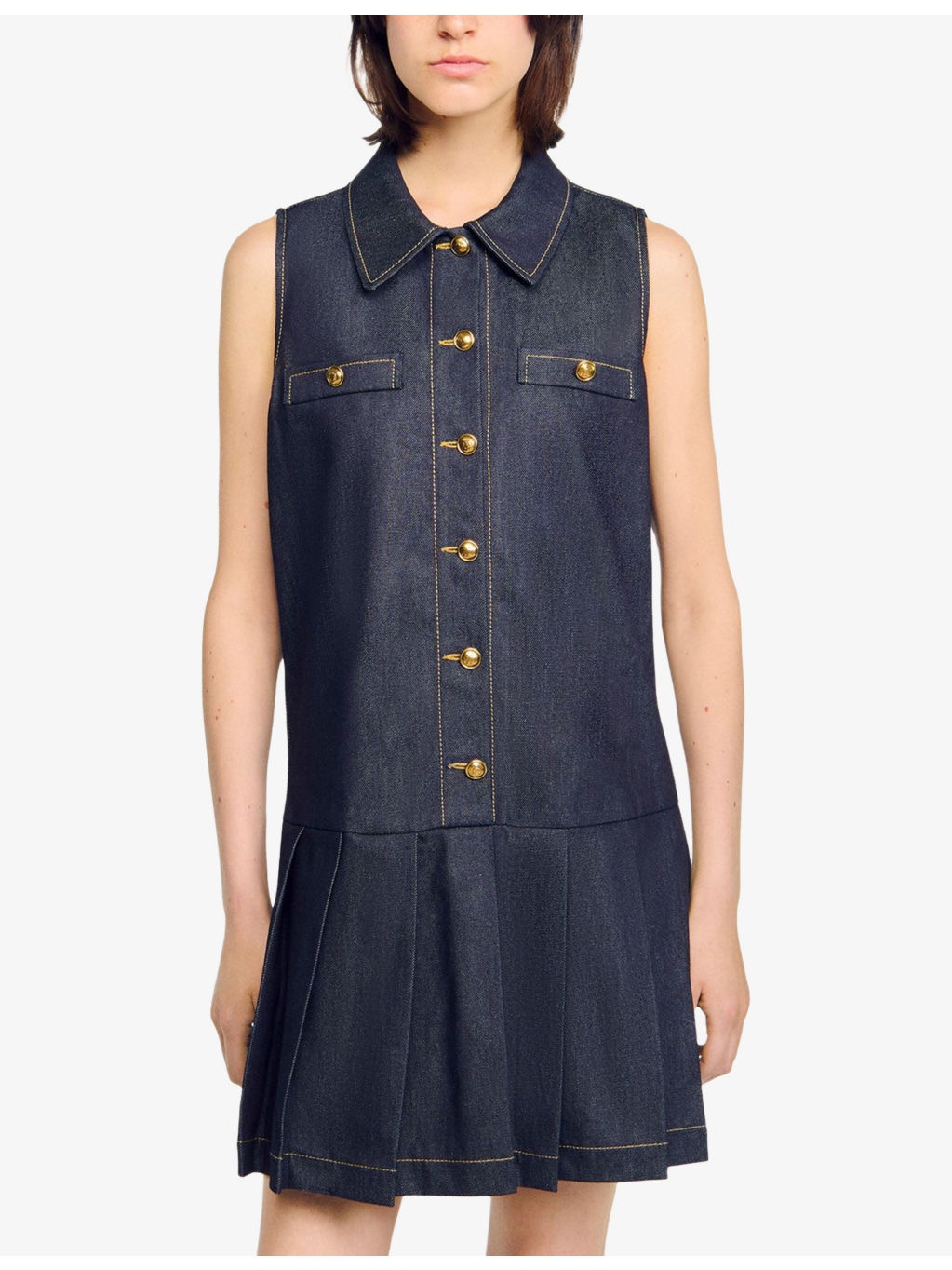 Sleeveless Pleated-Skirt Denim Mini Dress - 3