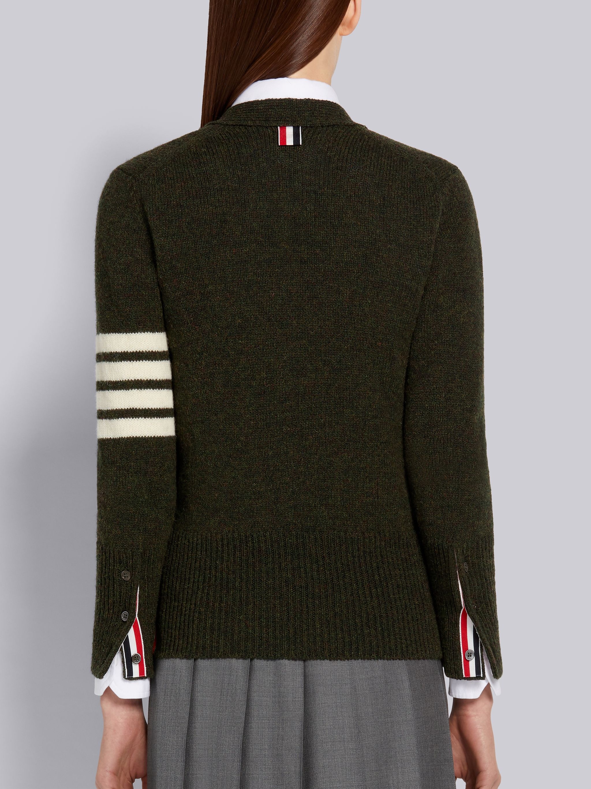 Dark Green Shetland Wool Jersey Stitch 4-Bar Classic V-Neck Cardigan - 3