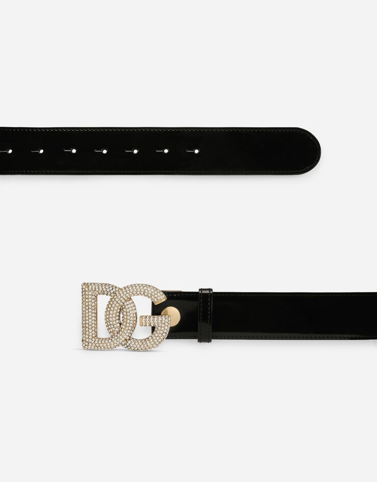 Polished calfskin belt with crystal DG logo - 3