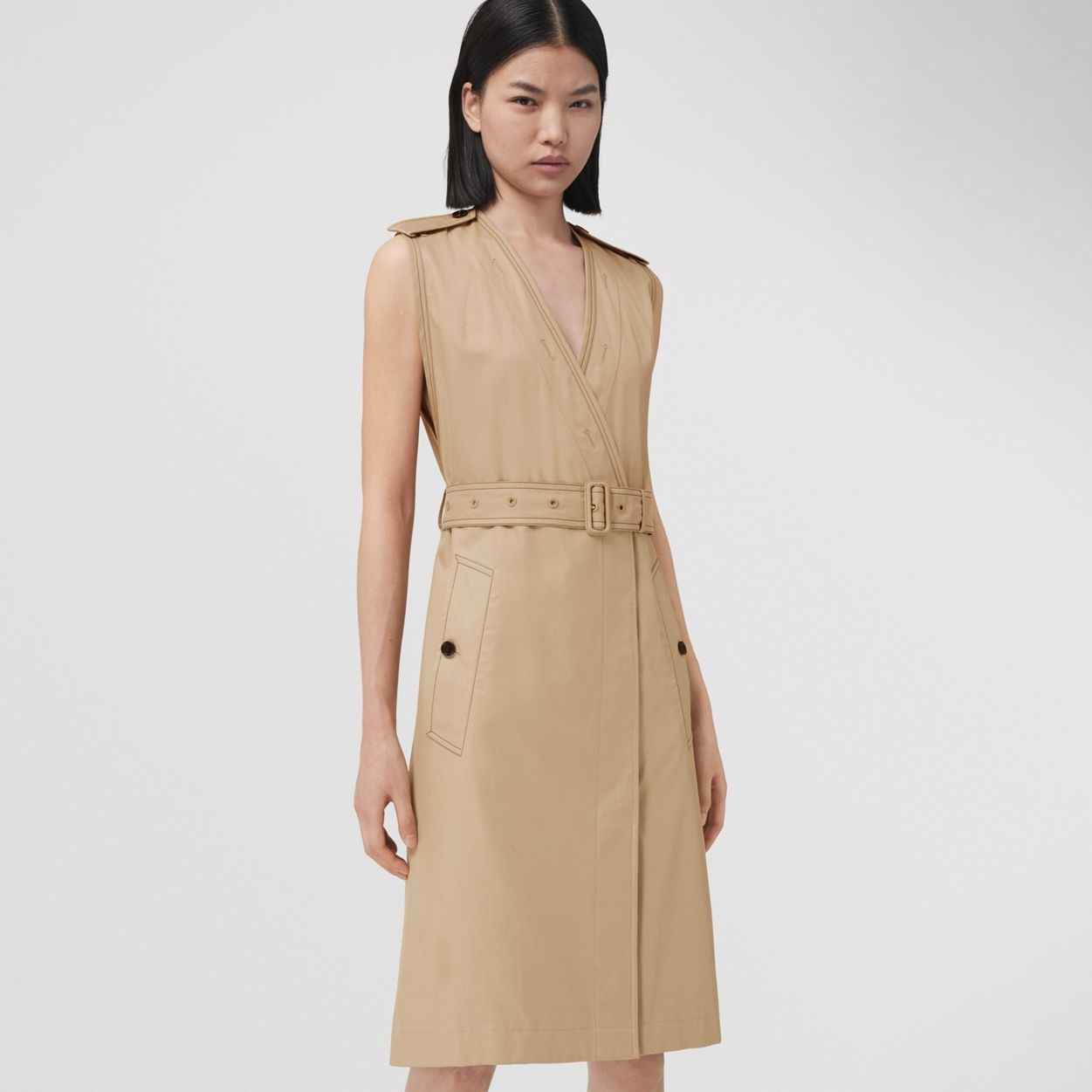 Sleeveless Cotton Gabardine V-neck Trench Dress - 7