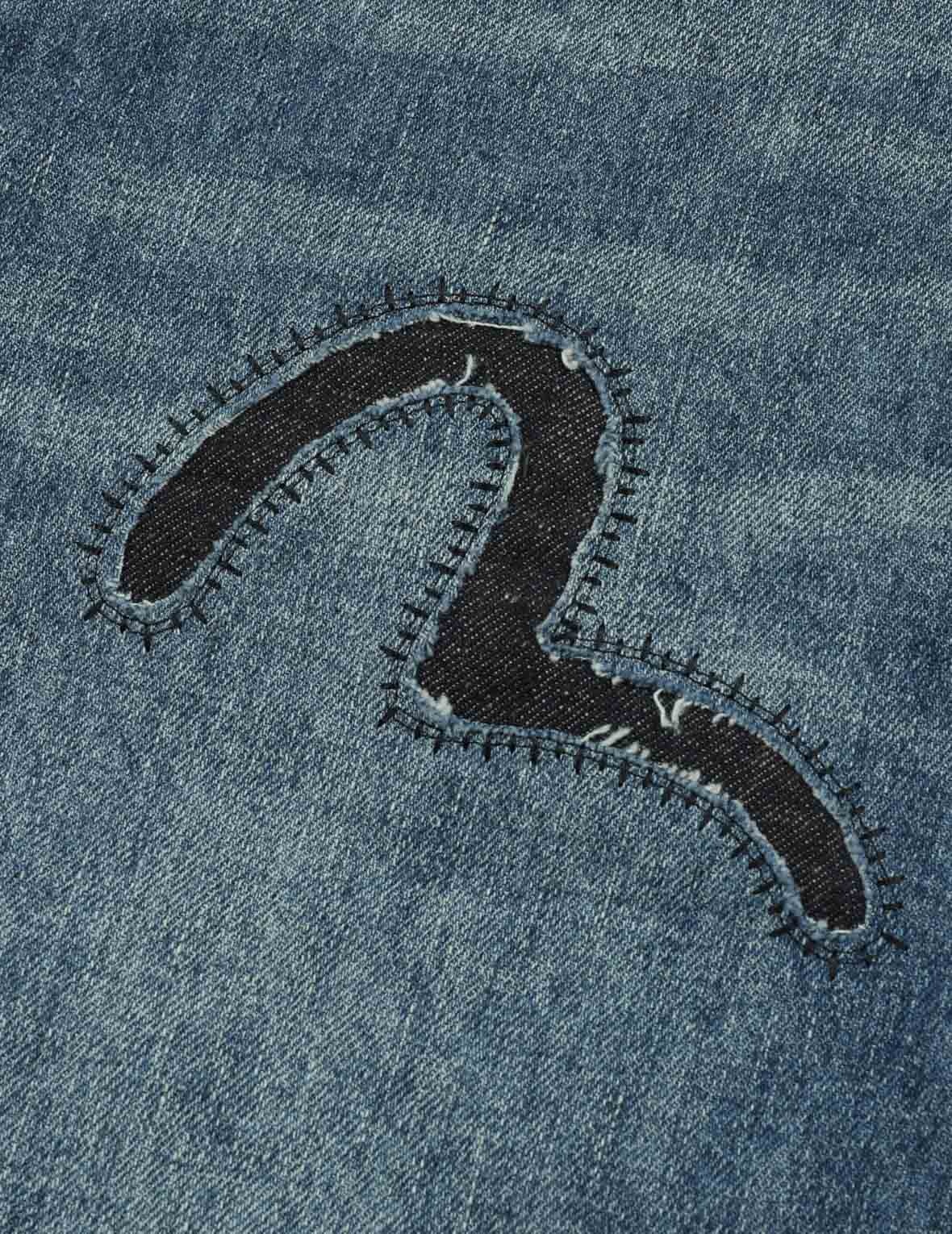 Washed and Distressed Seagull Patchwork and Logo Embroidery Cropped Jeans #2027 - 9