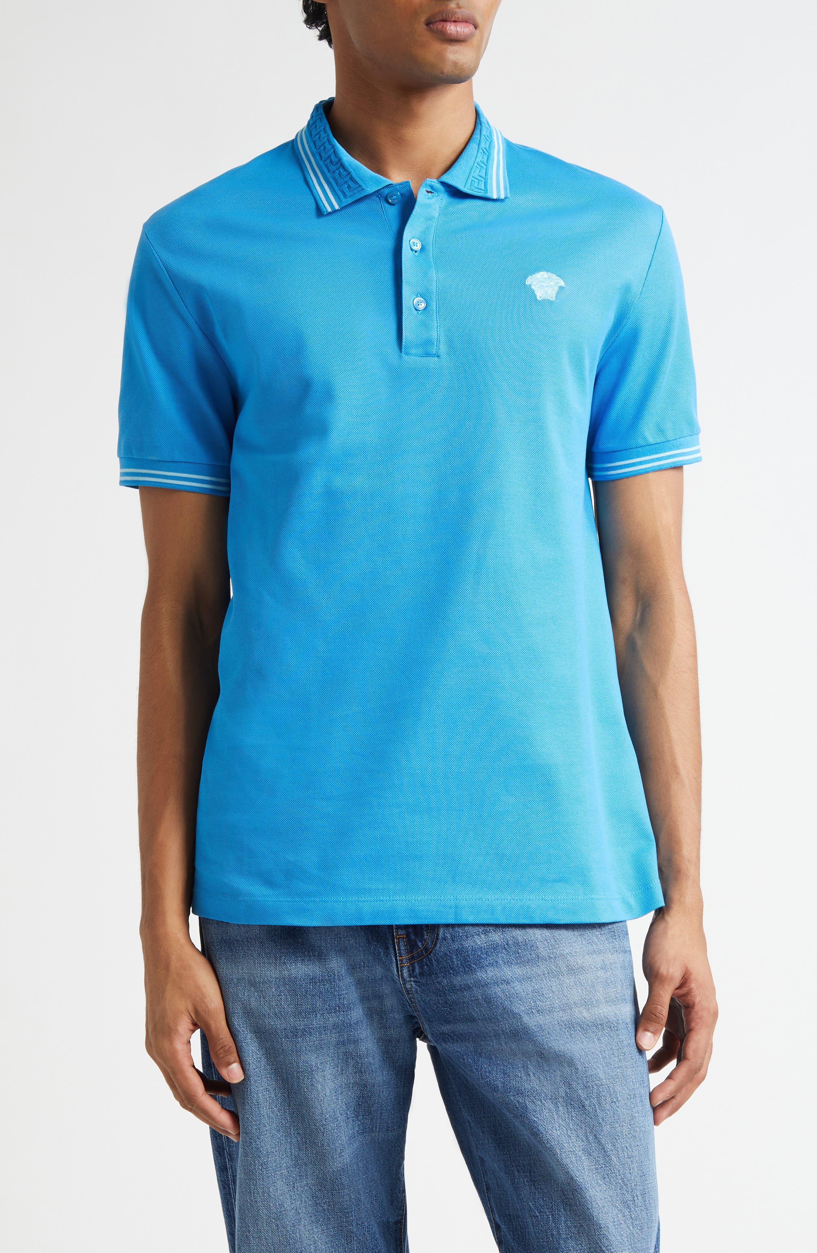 Versace Tipped Embroidered Medusa Cotton Piqué Polo in Bright Dv Blue at Nordstrom - 1
