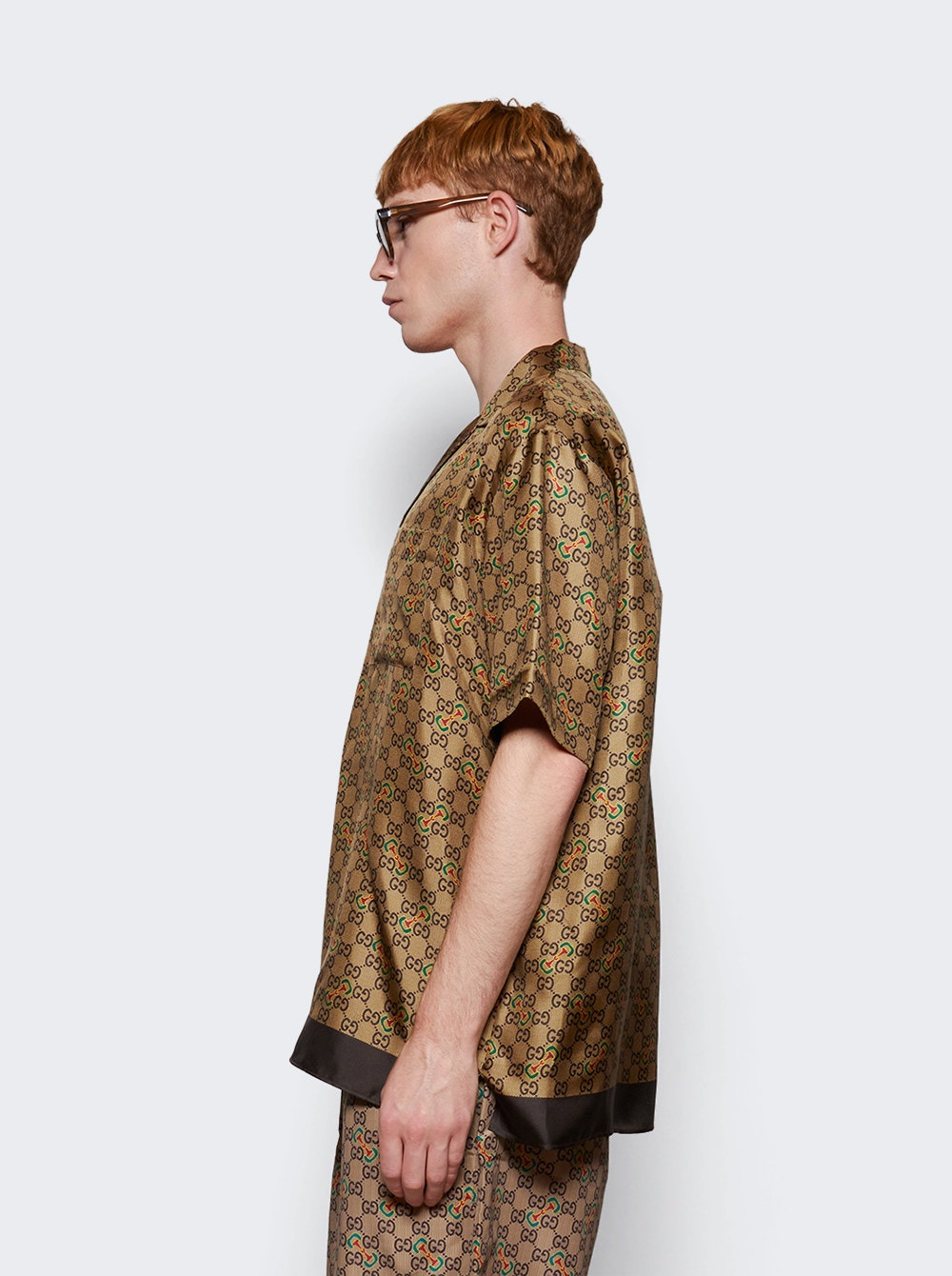 Horsebit Print Silk Twill Shirt Camel And Ebony - 4