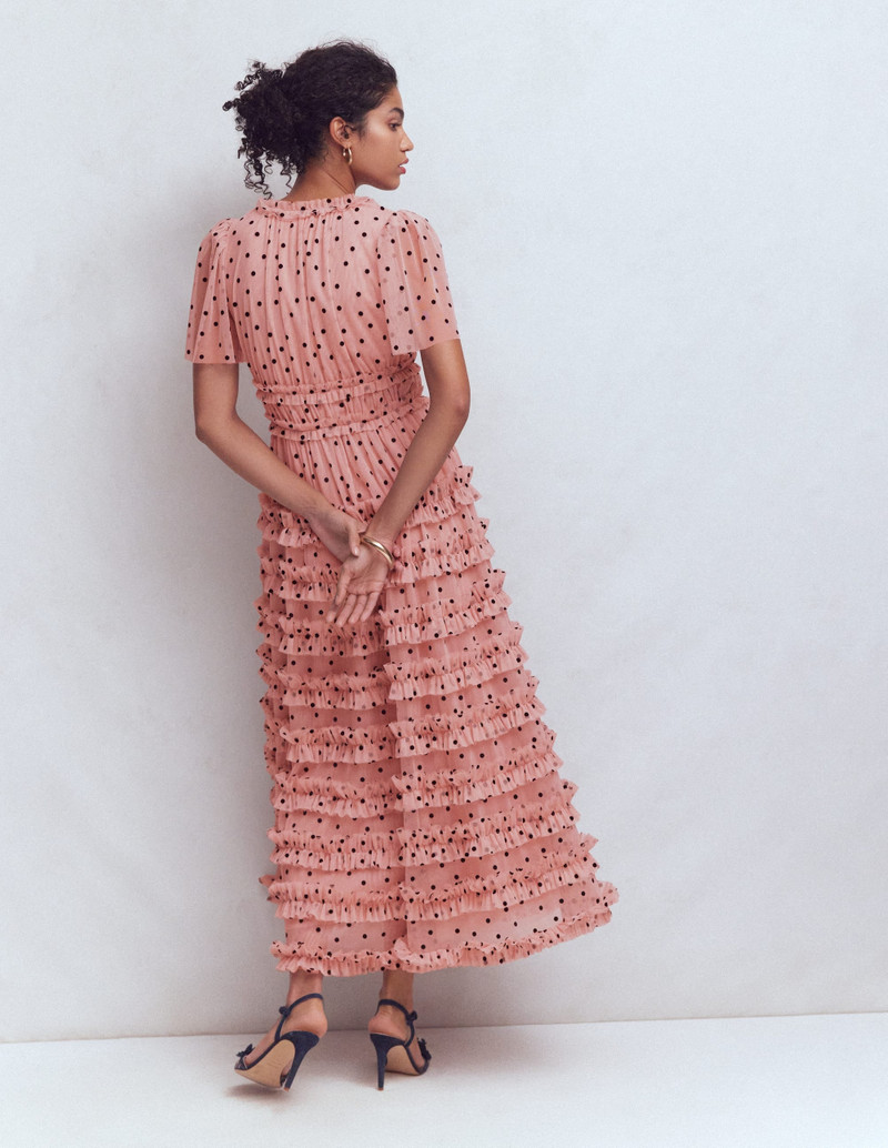 V-Neck Ruffle Tulle Dress-Ivory Black Spot 4