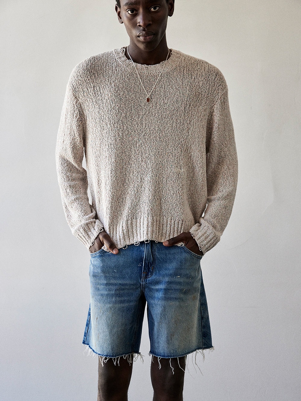 Multi Color Distressed Sweater in Ecru Multi - 4