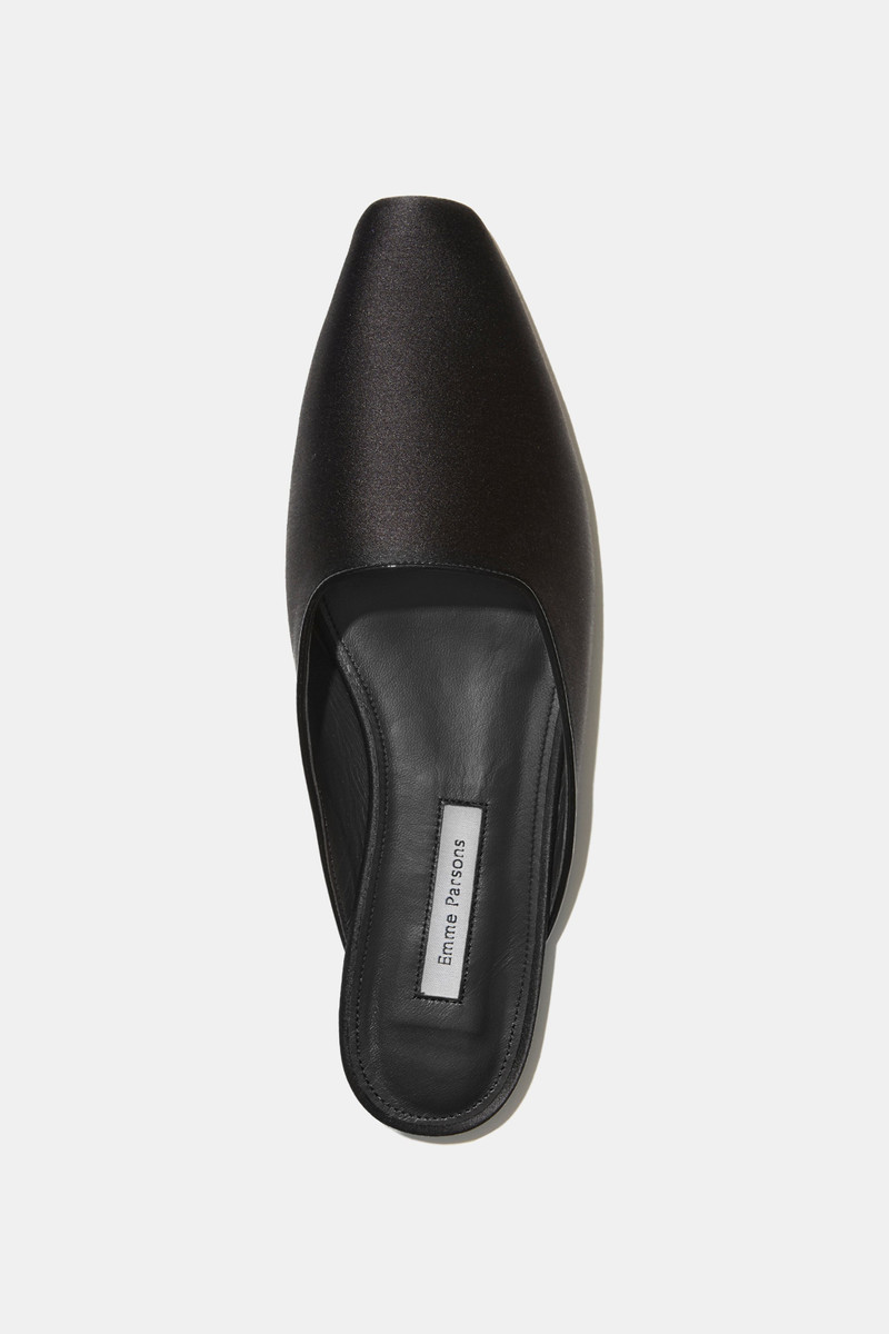 Emme Parsons FLAT MULE IN BLACK SATIN — ARCHIVE SAMPLE; FINAL SALE outlook
