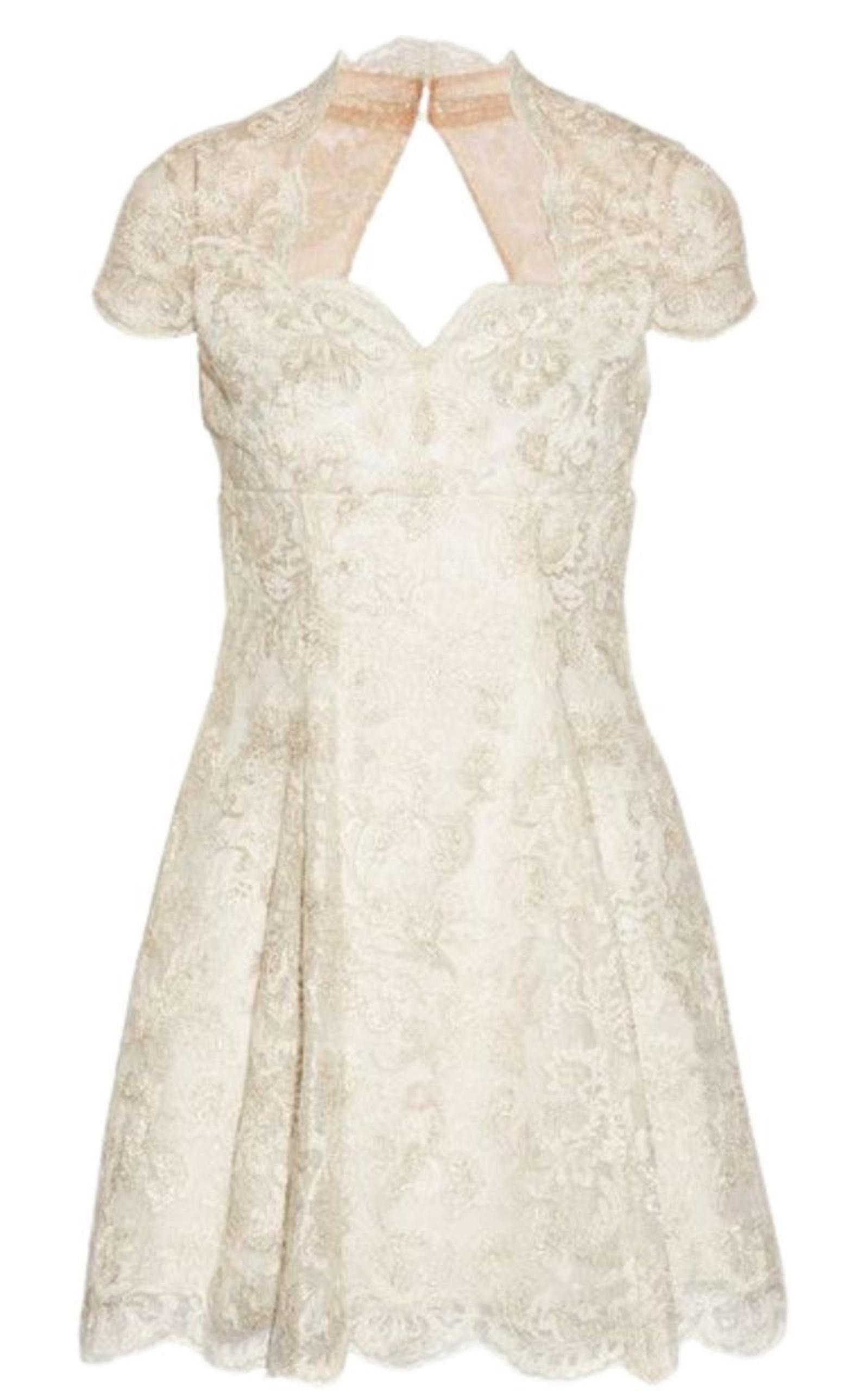 Marchesa Notte - White Metallic Lace Cap Sleeve Dress - 1