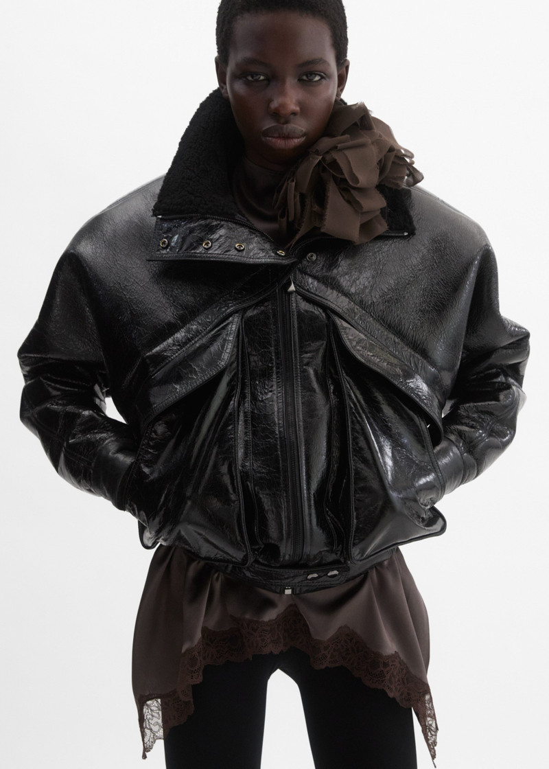 MAGDA BUTRYM Shearling bomber jacket in black patent leather outlook