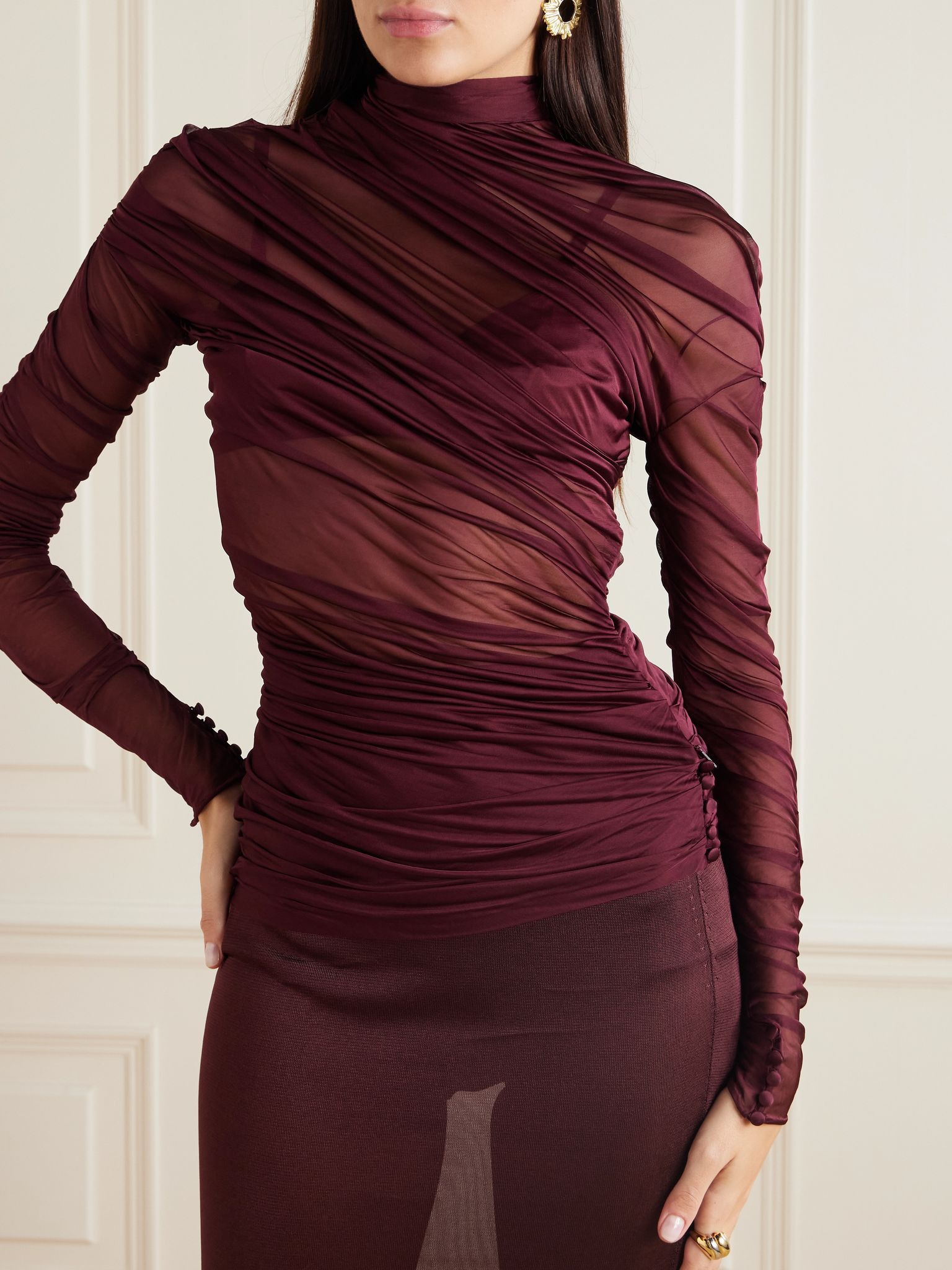 Draped ruched jersey turtleneck top Burgundy - 3