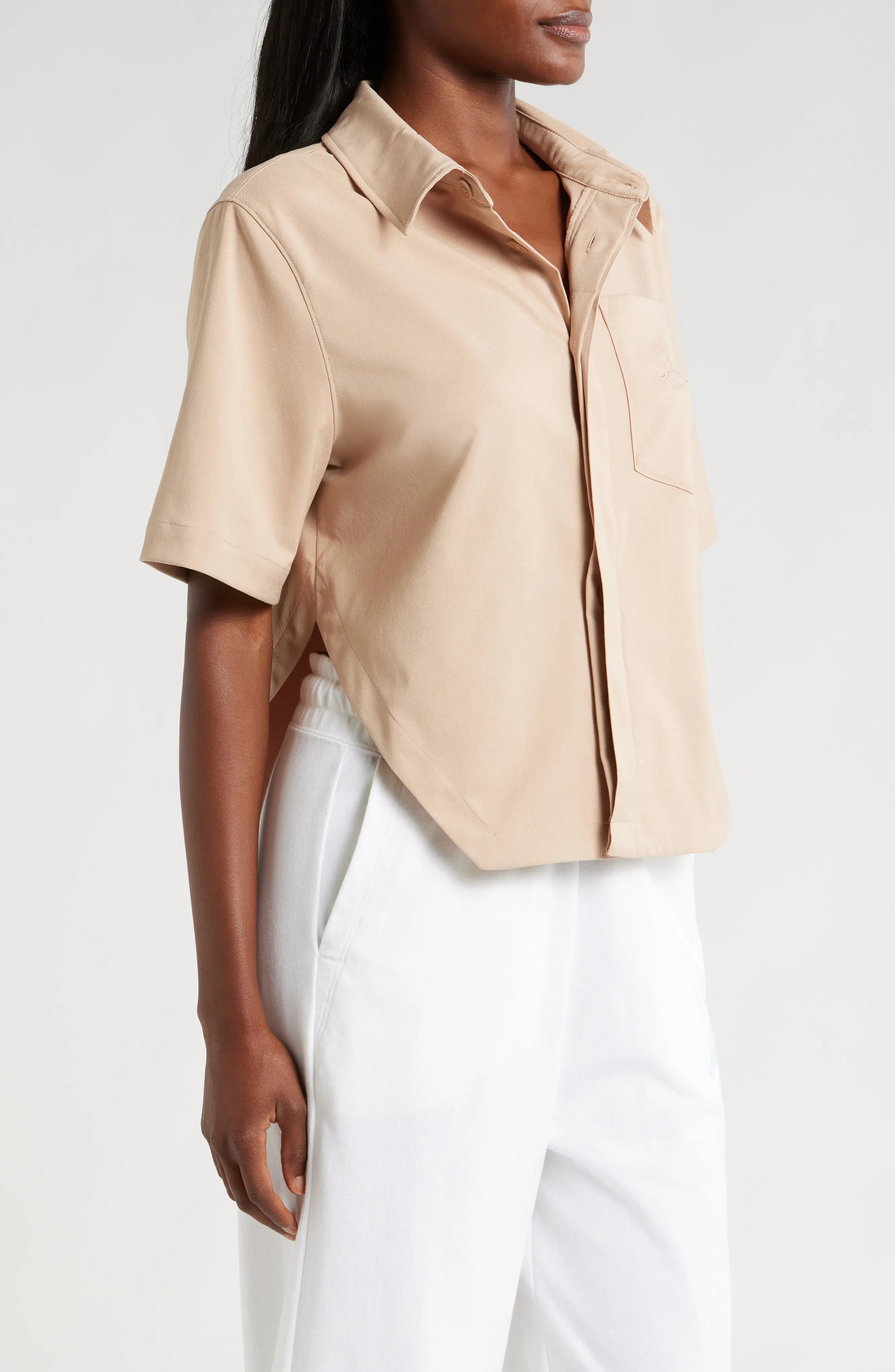 Crop Short Sleeve Stretch Button-Up Shirt - 3