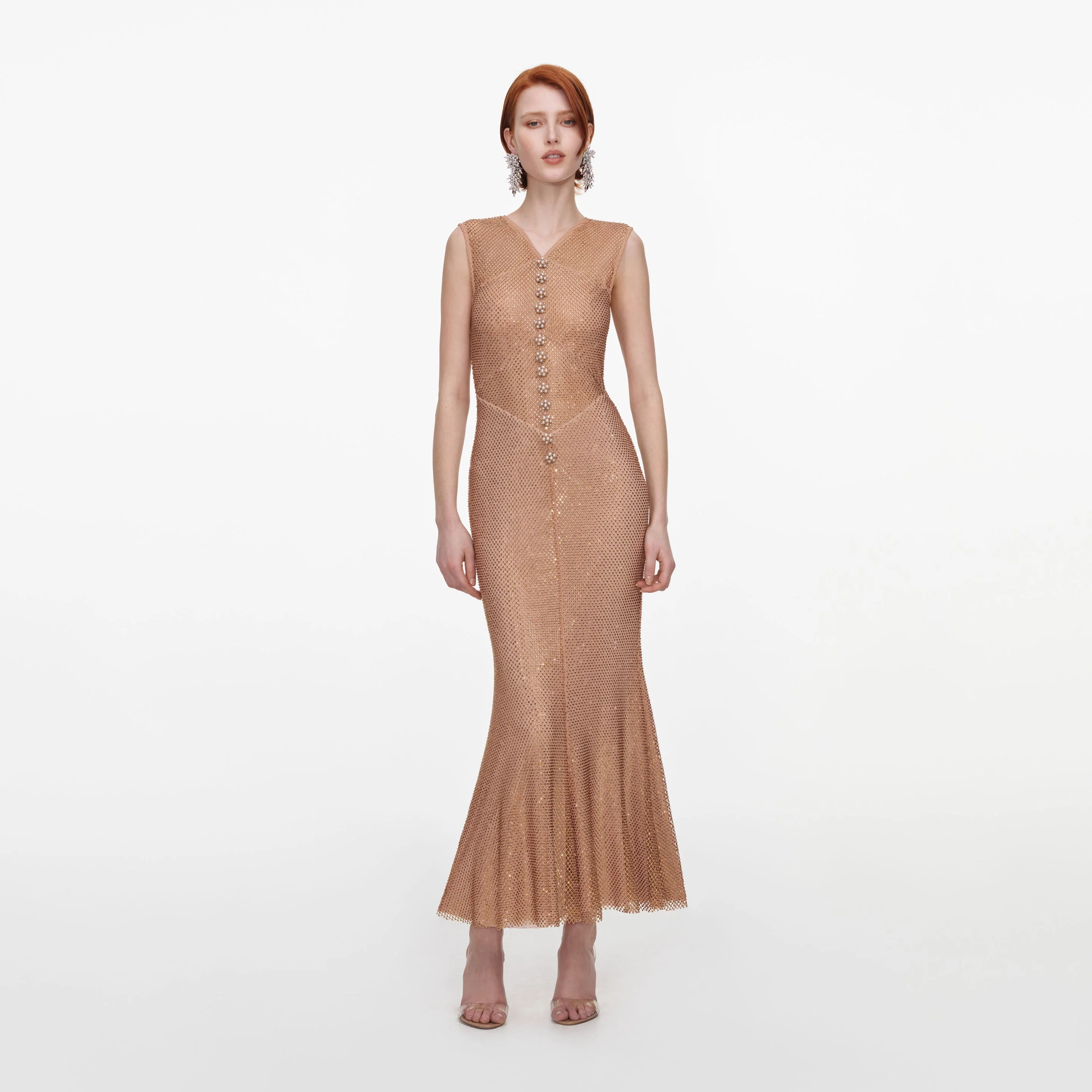 Champagne Rhinestone Fishnet Midi Dress - 1