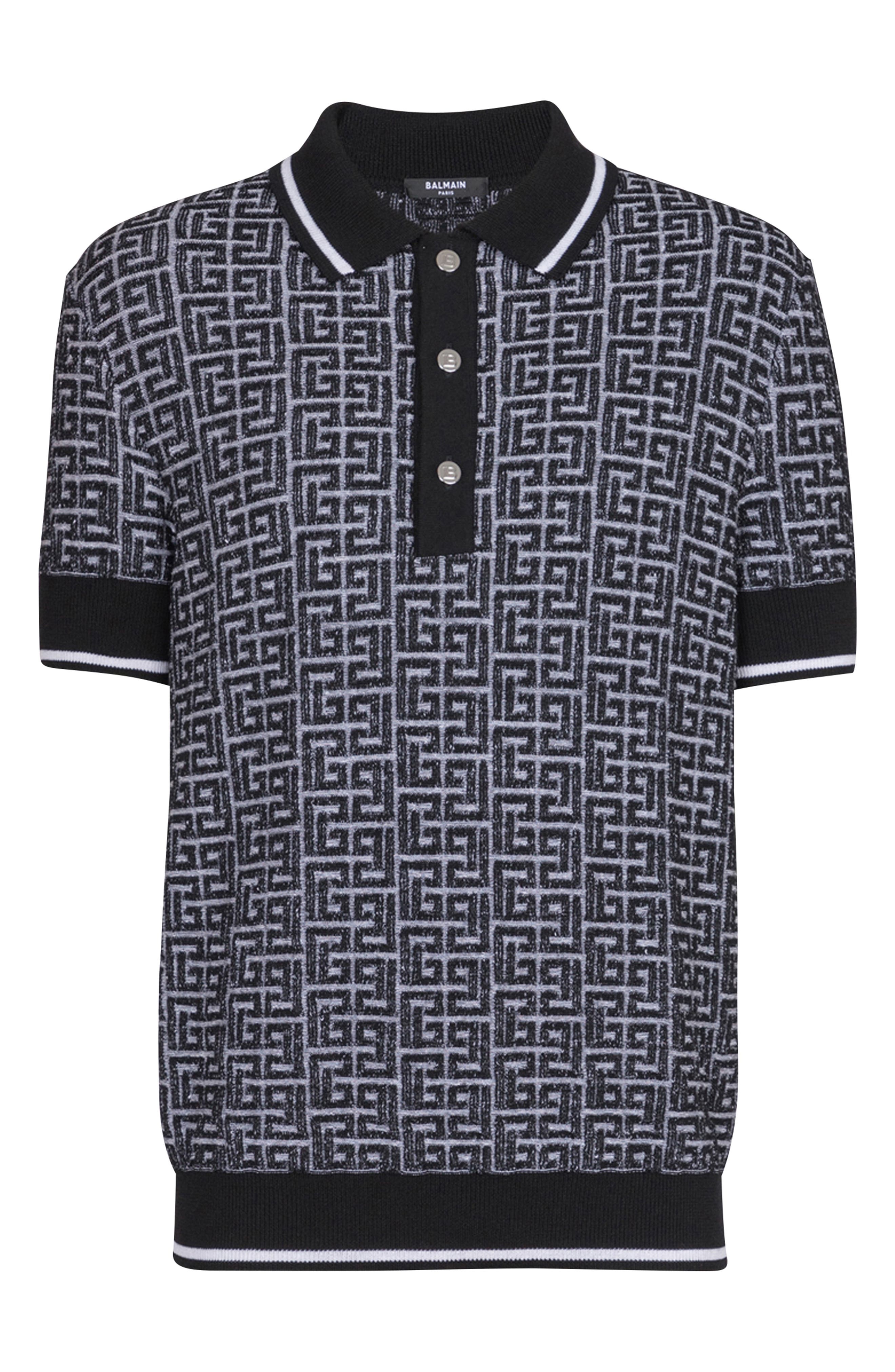 Balmain Monogram Jacquard Merino Wool Polo Sweater in Gab White/Black at Nordstrom - 4