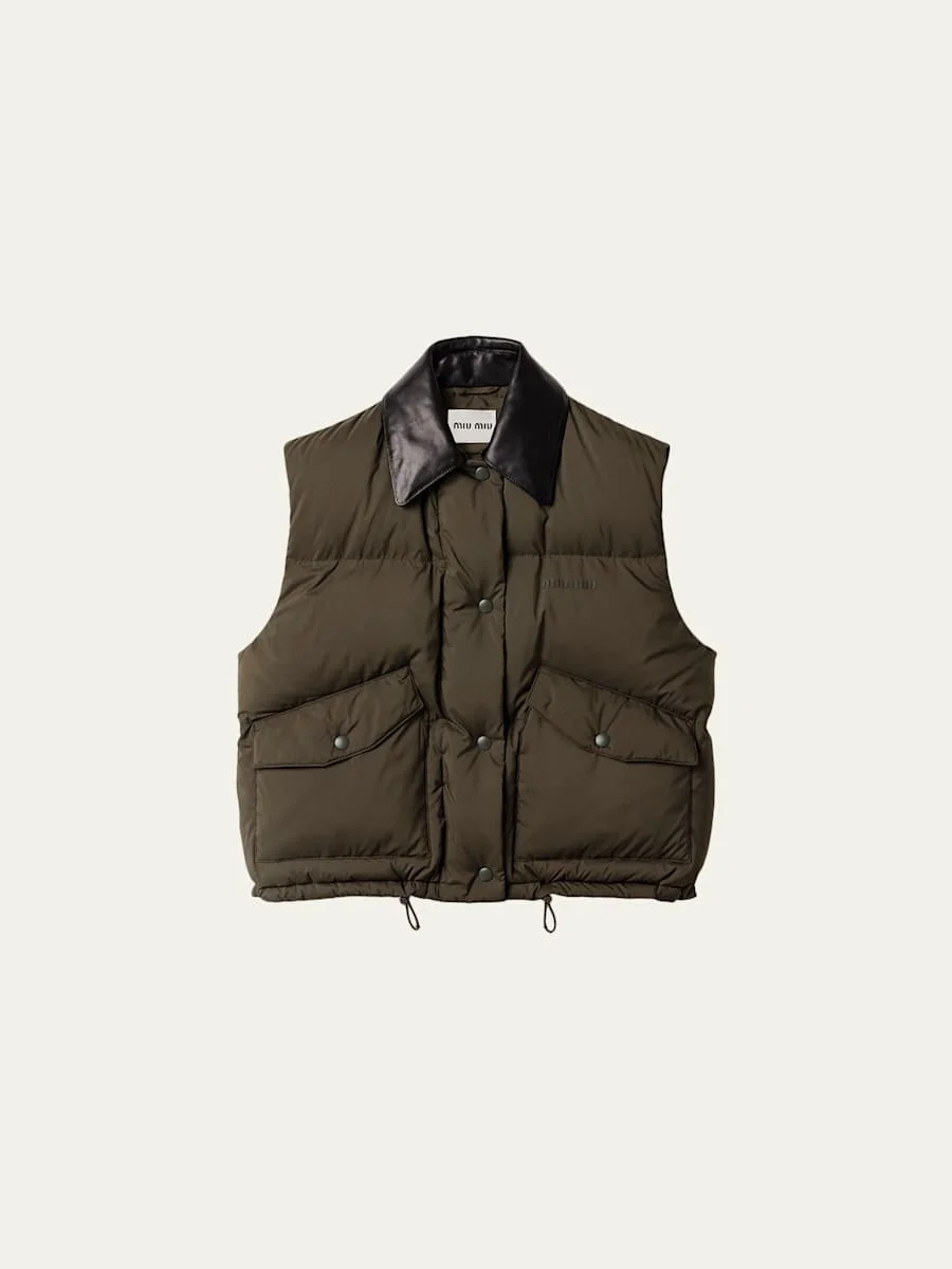 Leather Collar Oversized Puffer Vest - 1