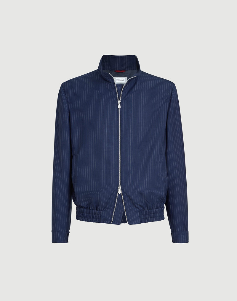 Wool and mohair pinstripe fresco outerwear jacket with stand collar 1