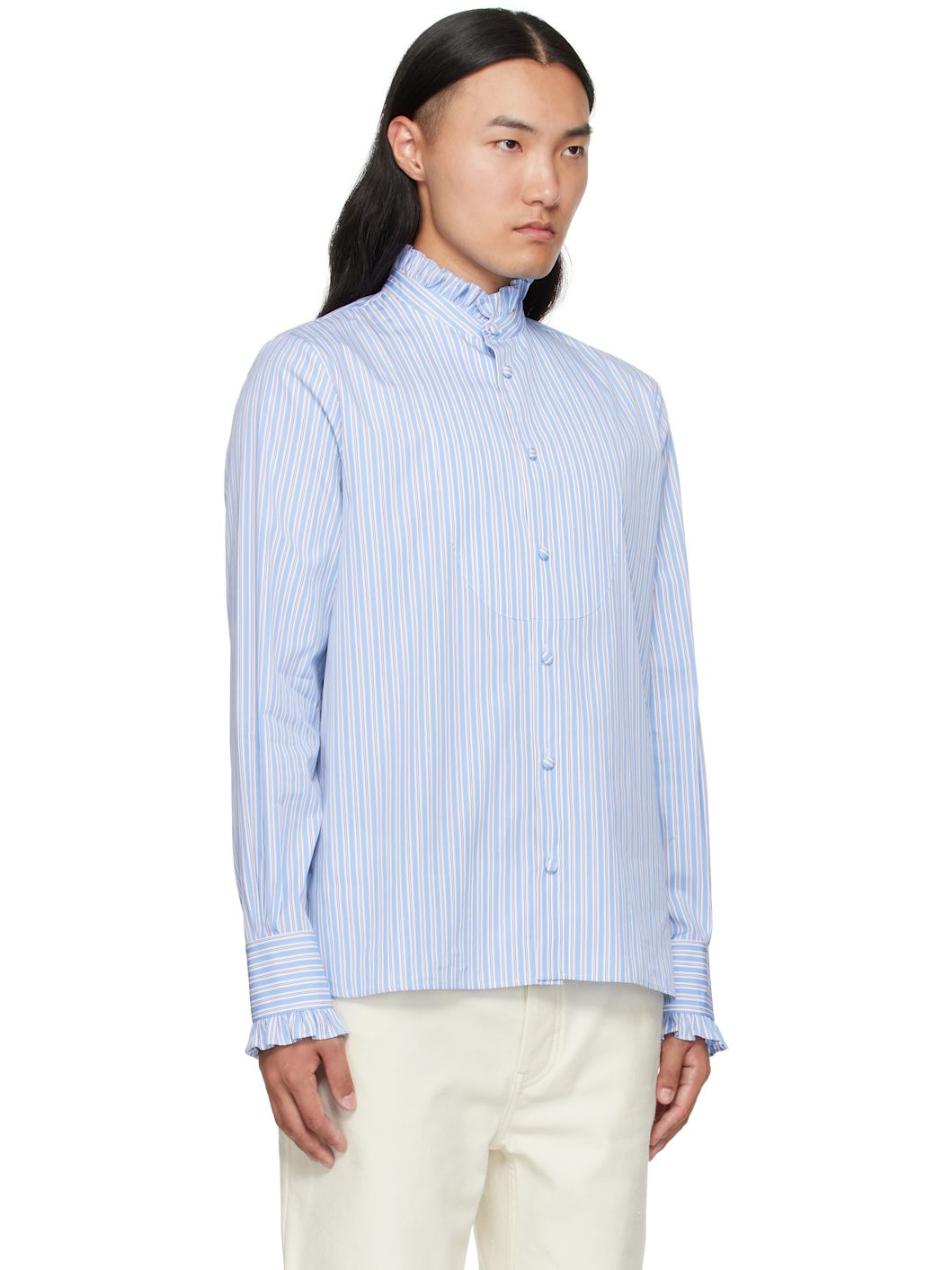 Blue Striped Cotton Ruffle Shirt - 2