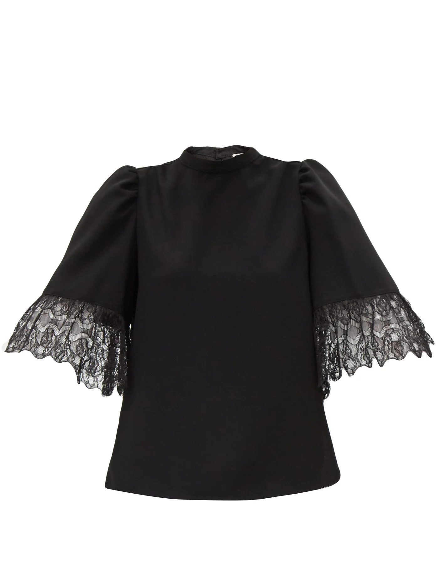 Lace-trimmed bell-sleeved crepe blouse - 1