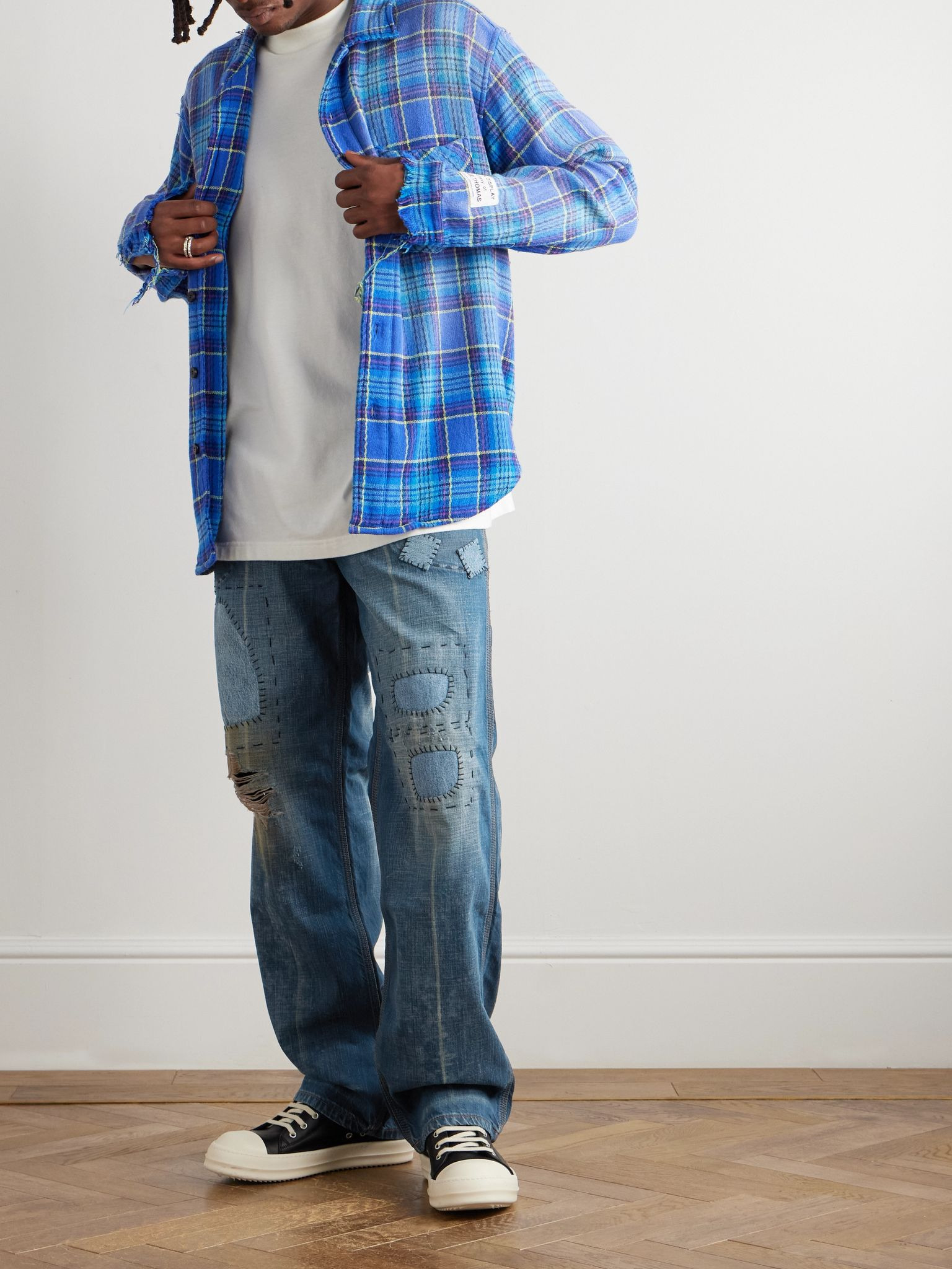 Bare Knuckle Straight-Leg Distressed Patchwork Jeans Blue - 2