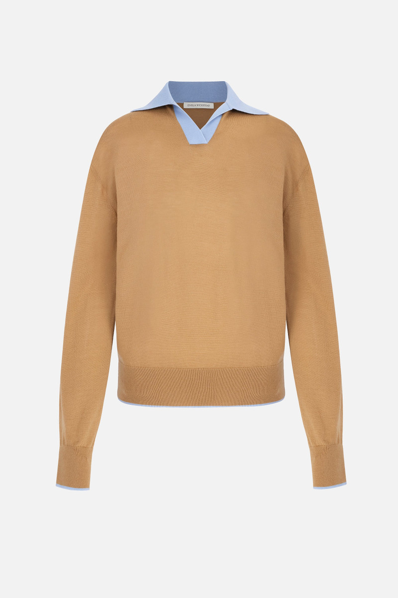 James Knit with Baby Blue Collar in Camel Lightweight Wool 1