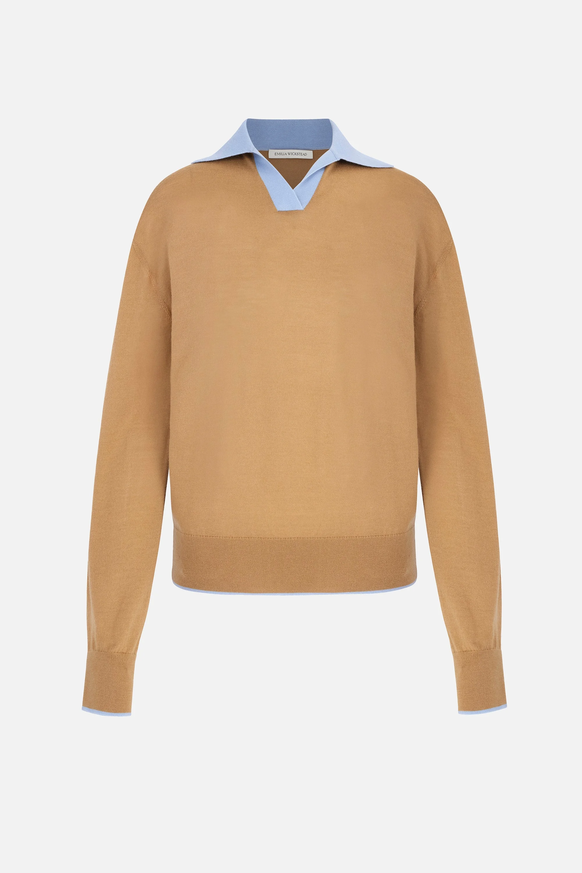 James Knit with Baby Blue Collar in Camel Lightweight Wool - 1