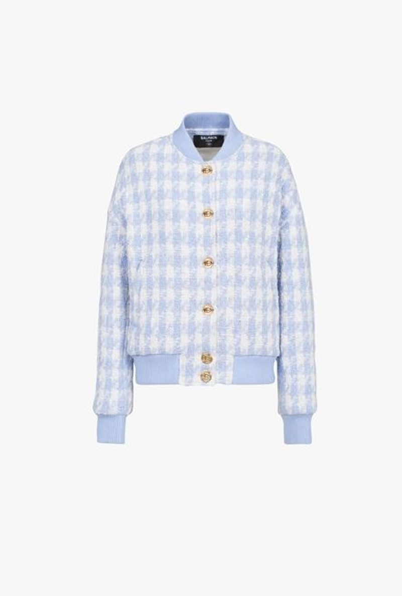 White and pale blue houndstooth-patterned tweed bomber jacket - 1