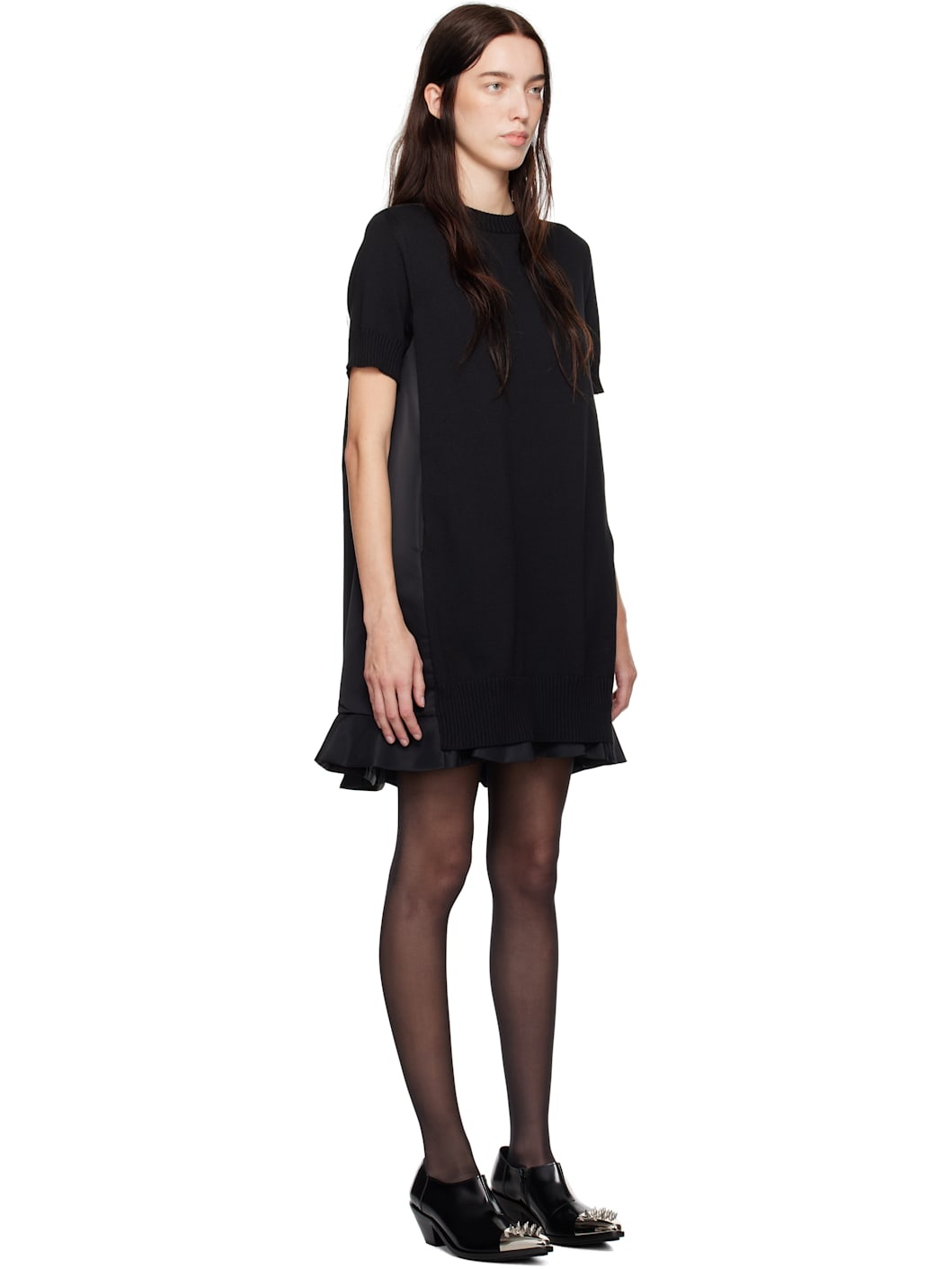 Black Nylon Twill & Knit Minidress - 2
