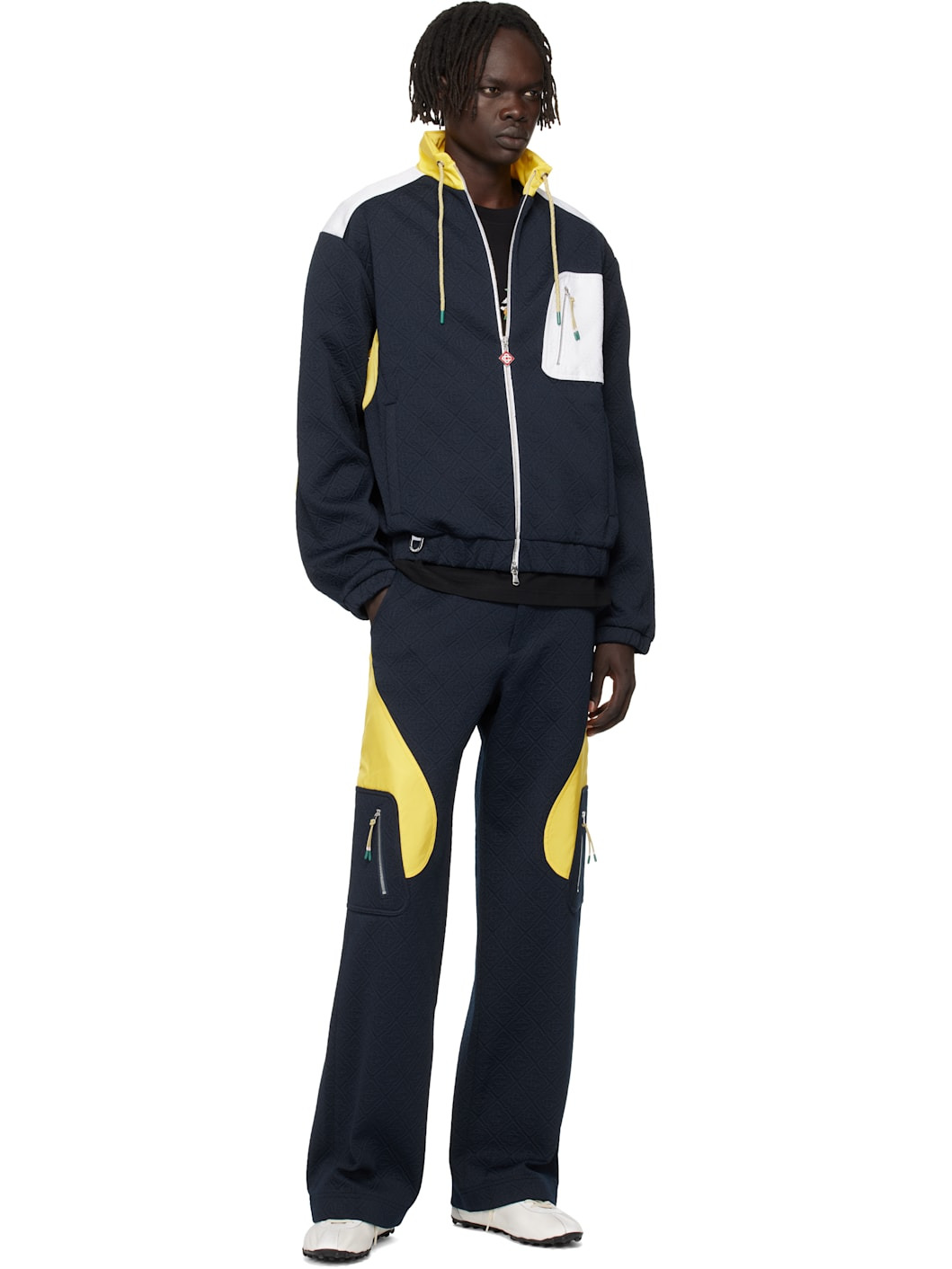 Navy & Yellow Jacquard Nylon Cargo Pants - 4