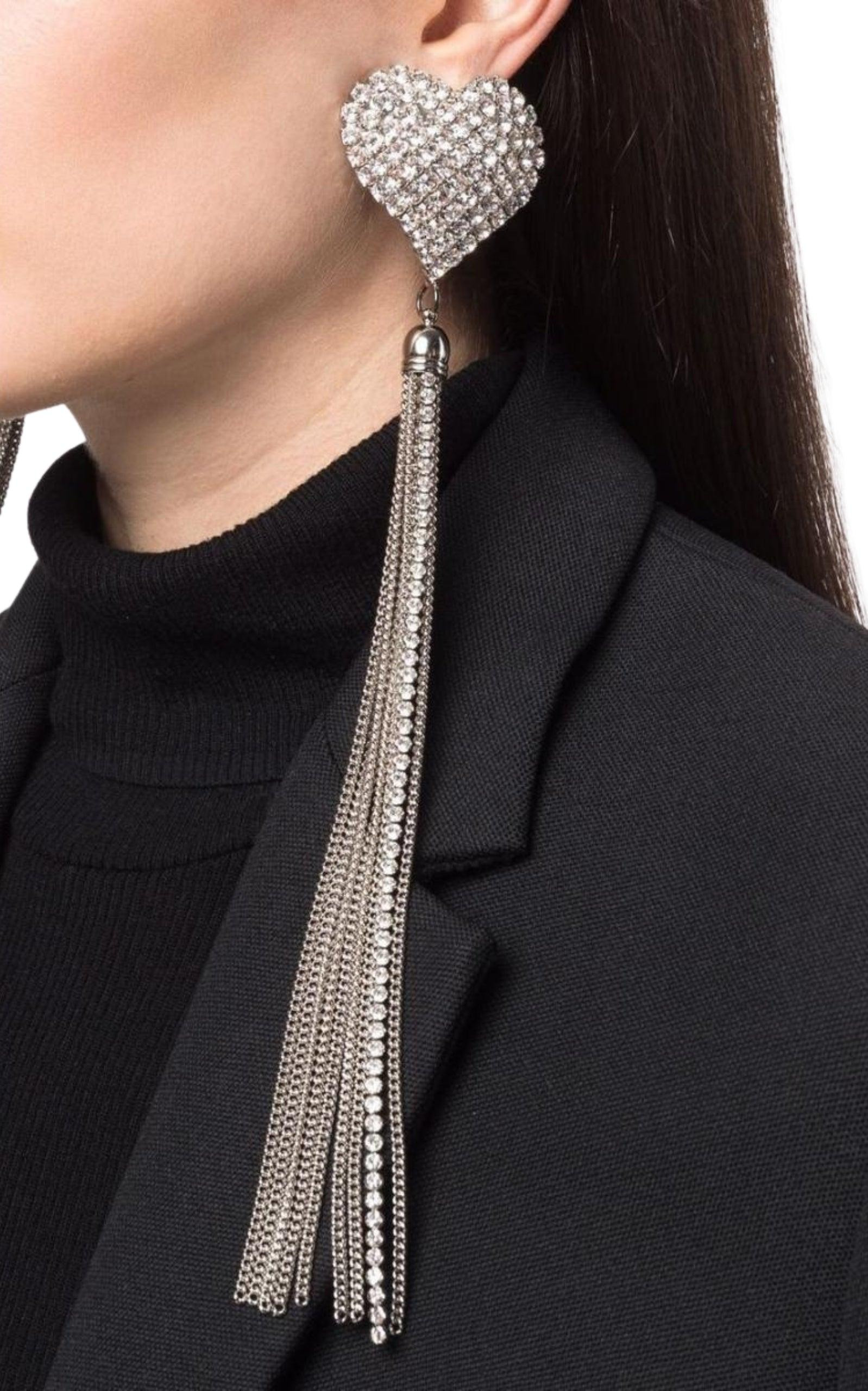 Crystal-Heart Tassel Earrings - 2