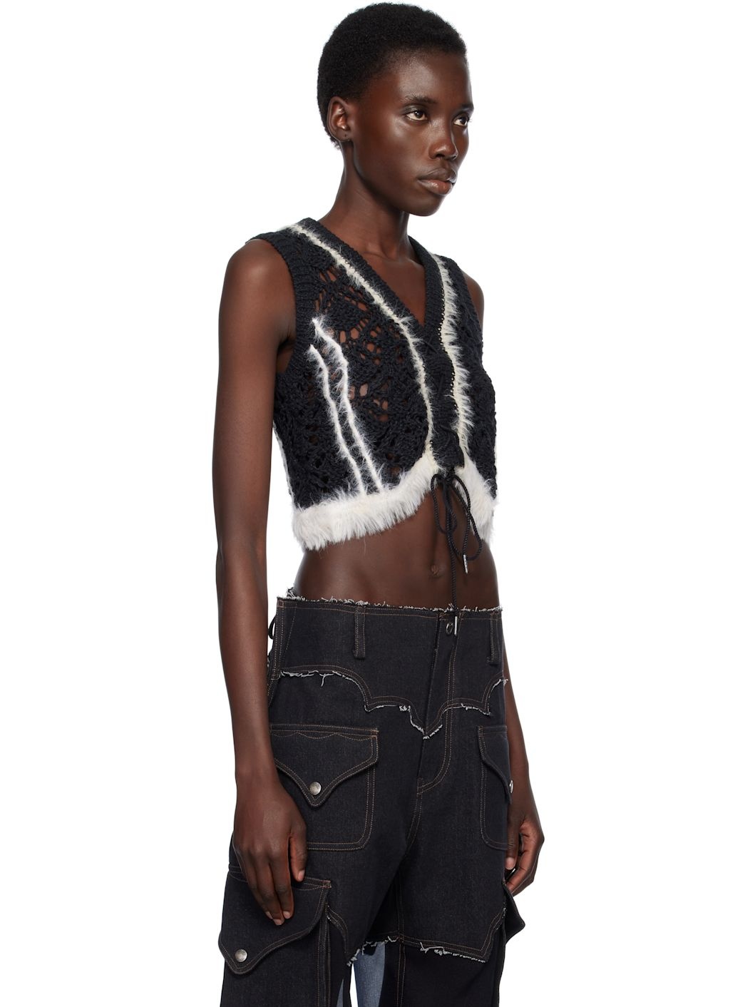 Black Western Lace-Up Knit Vest - 2