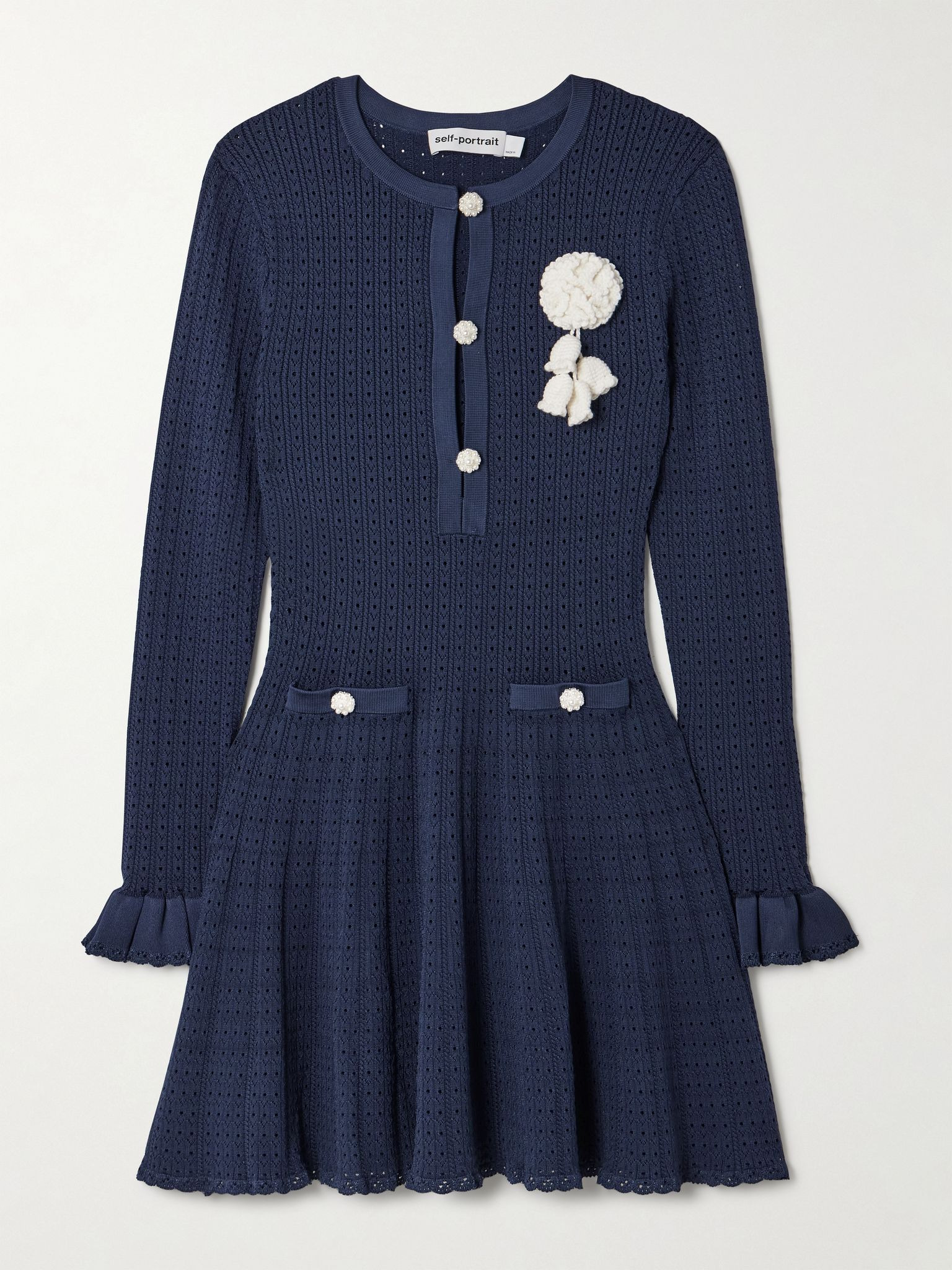 Embellished ruffled pointelle-knit mini dress Blue - 1