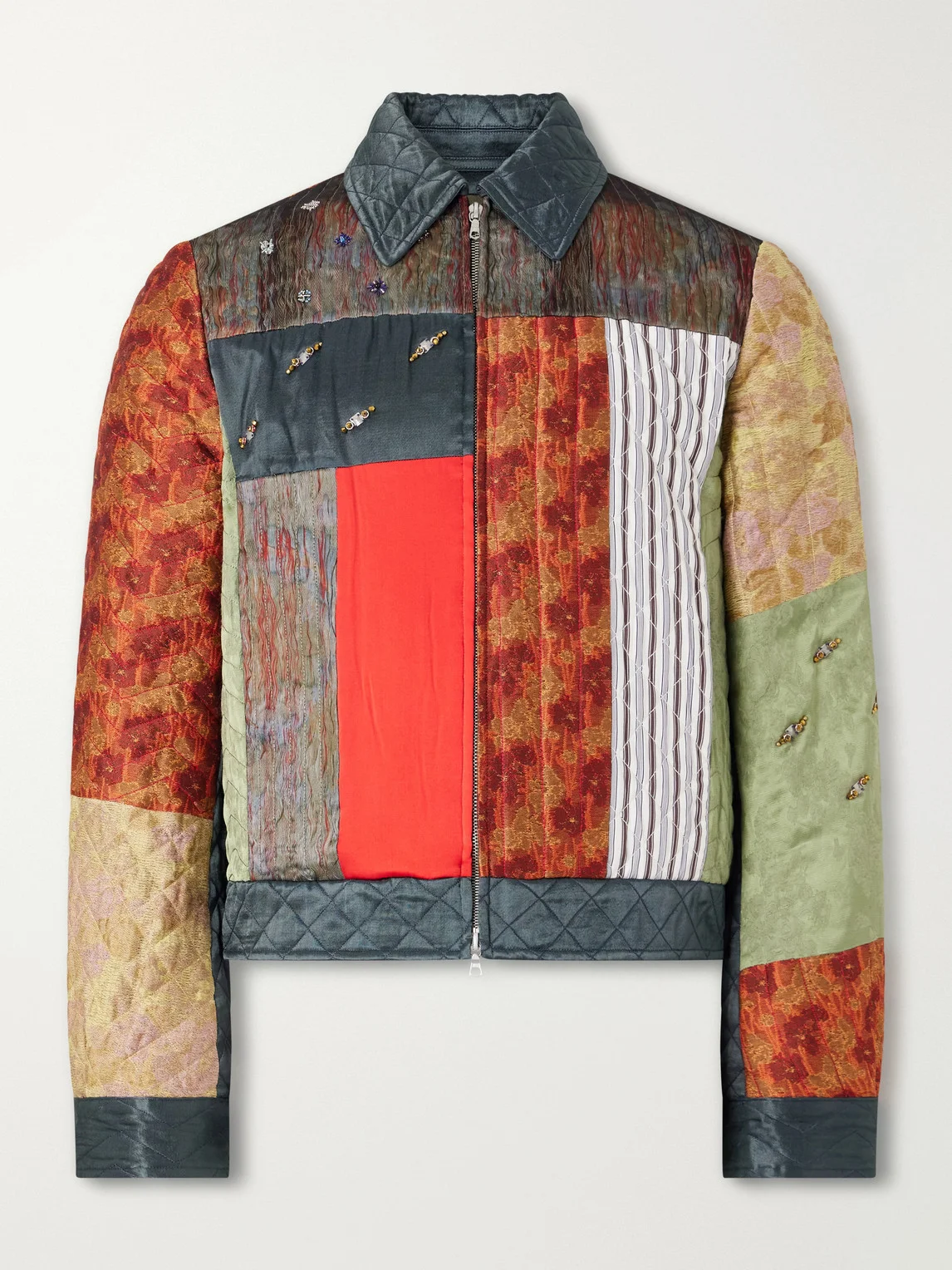 Embellished Patchwork Canvas and Jacquard Blouson Jacket - 1