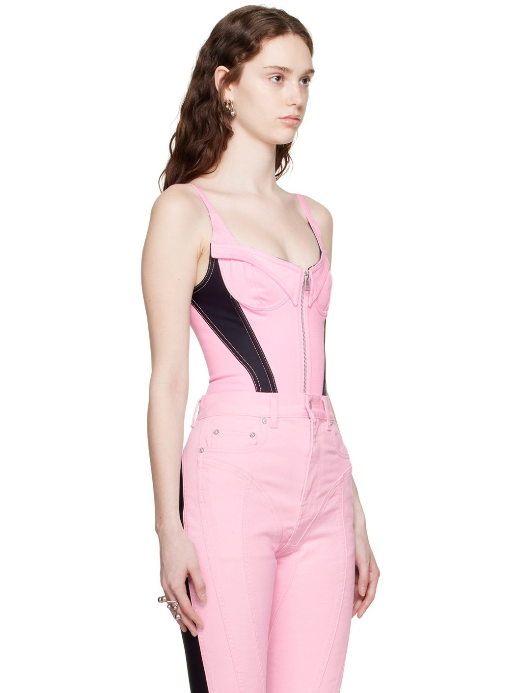Pink & Black Paneled Denim Bodysuit - 2