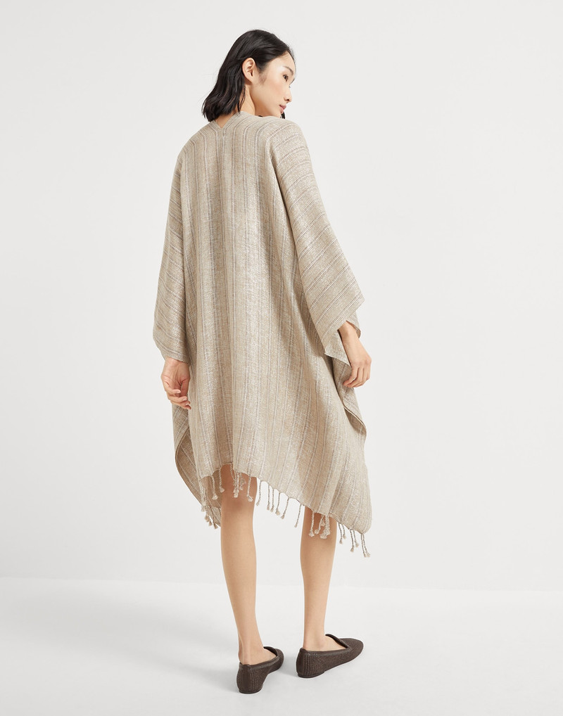 Brunello Cucinelli Striped sparkling linen poncho with fringe outlook