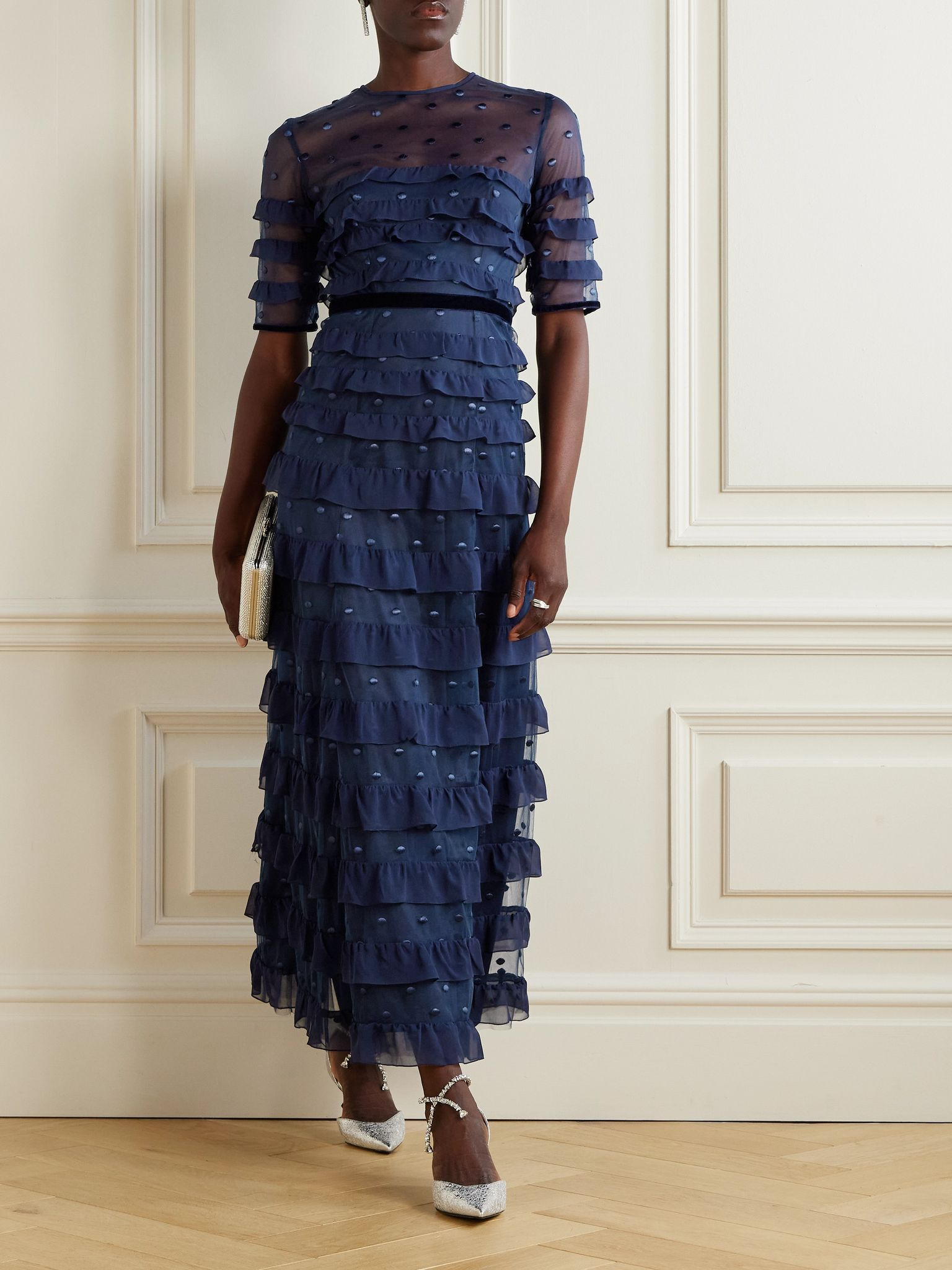 Velvet-trimmed point d'esprit and ruffled chiffon midi dress Navy - 2