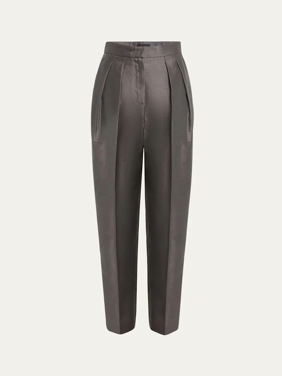 Shantung Silk Pleated Straight-Leg Trousers - 1
