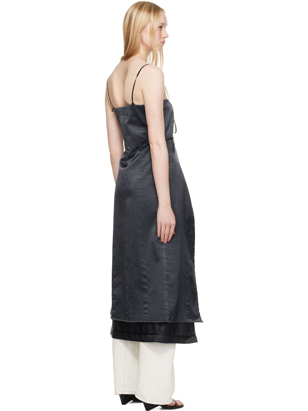 Black Washed Viscose Satin Dress Top - 3