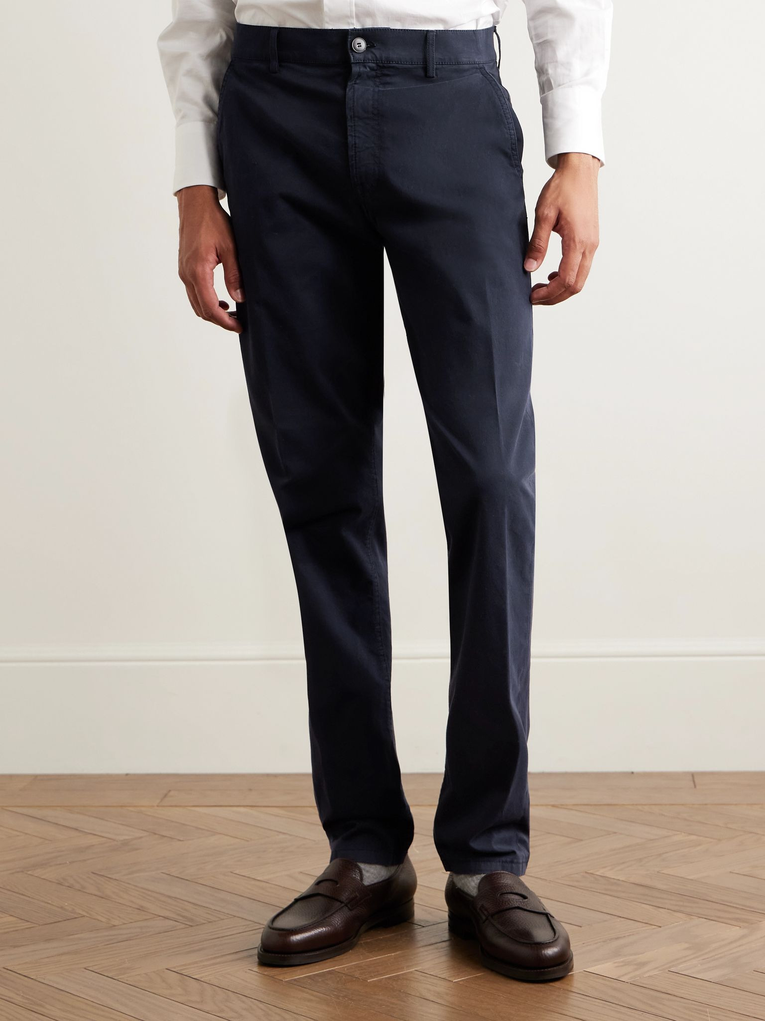 Slim-Fit Garment-Dyed Cotton-Blend Twill Trousers Blue - 3