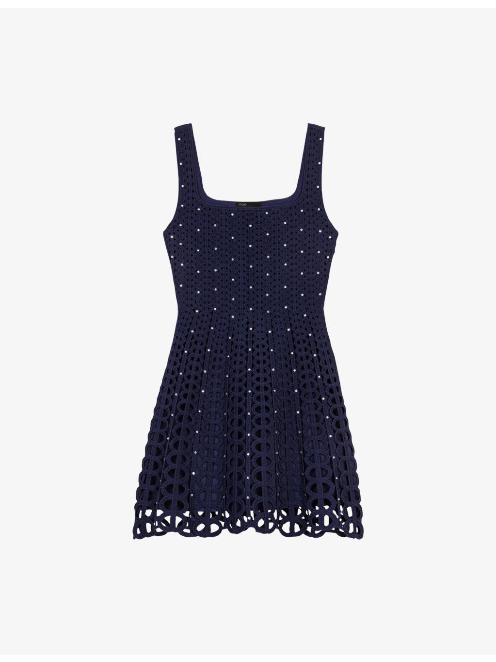 Rhinestone-Embellished Square-Neck Crochet Mini Dress - 1