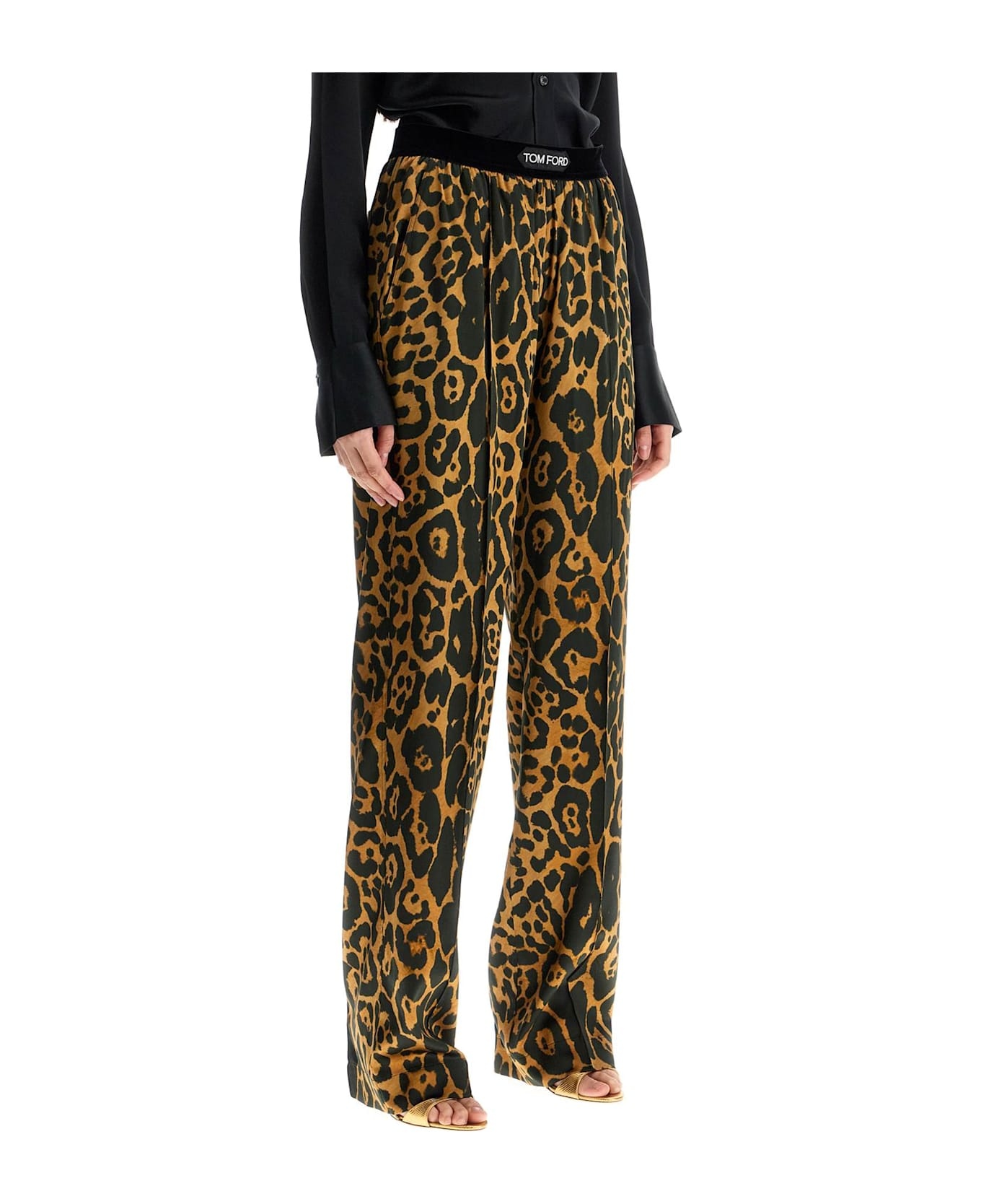 Wide Leg Leopard Print Silk Pants In Camel And Black - 2