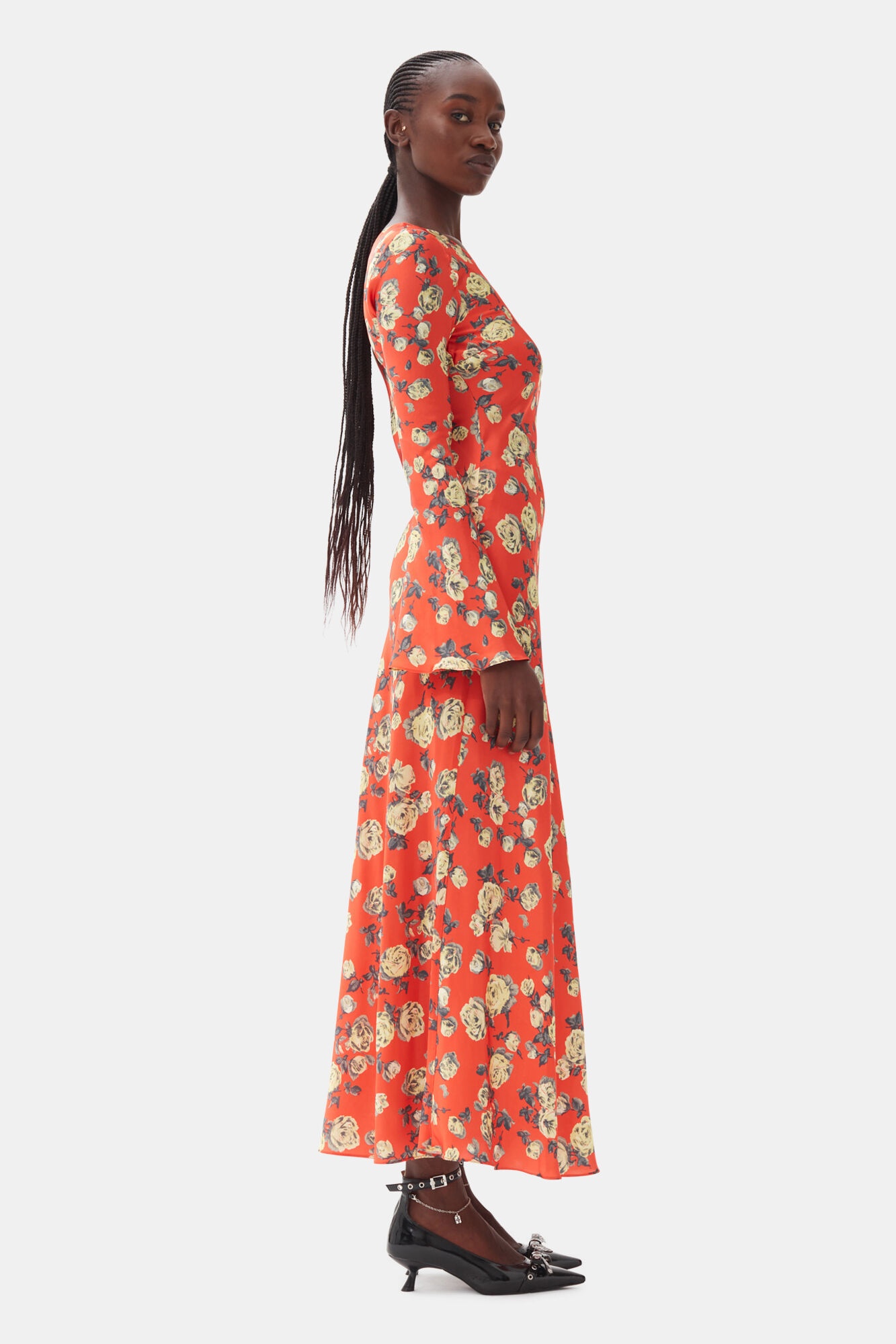 ORANGE FLORAL PRINTED SATIN MAXI DRESS - 4