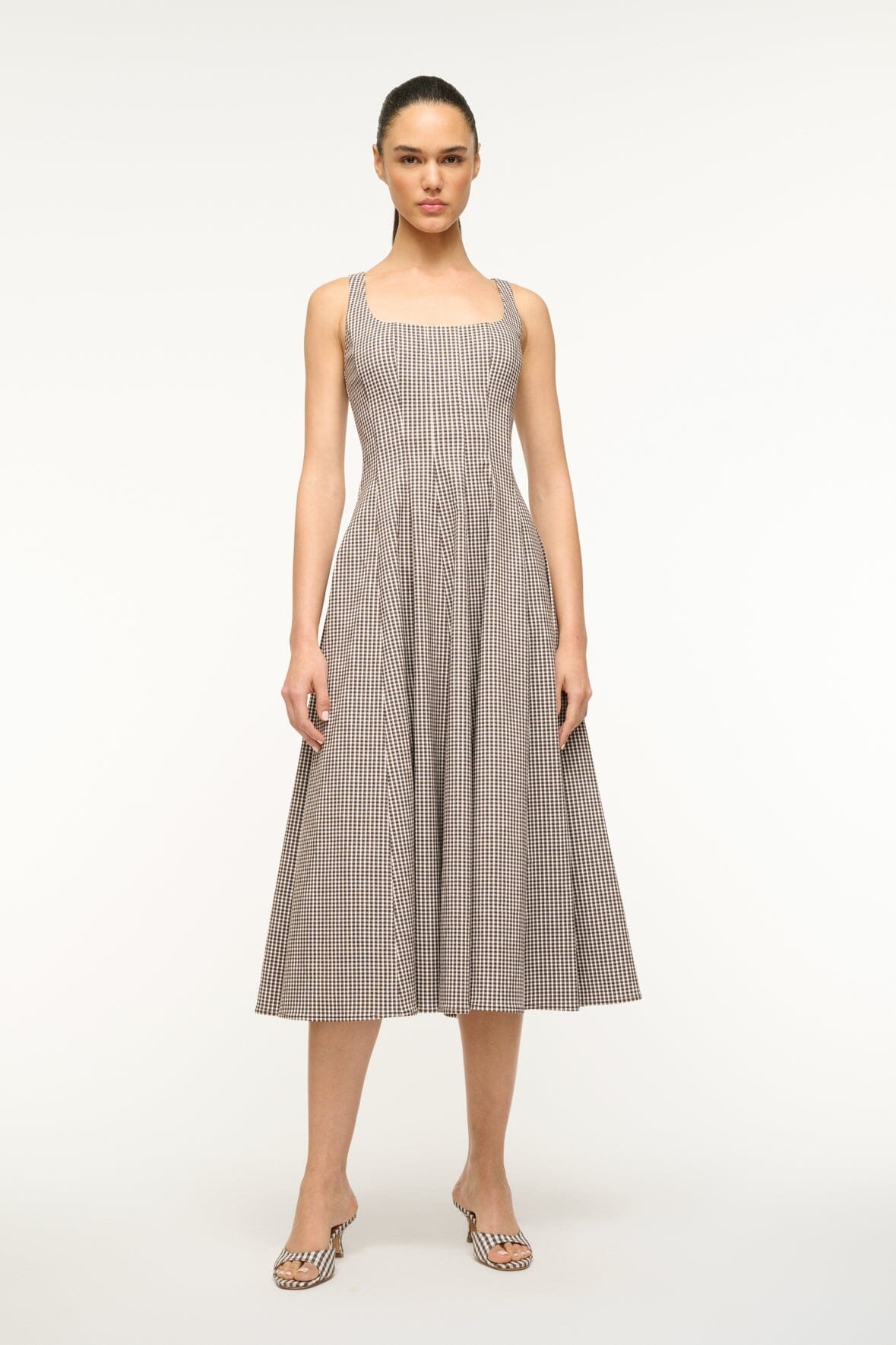 STAUD WELLS DRESS DARK CHOCOLATE MICRO CHECK - 2