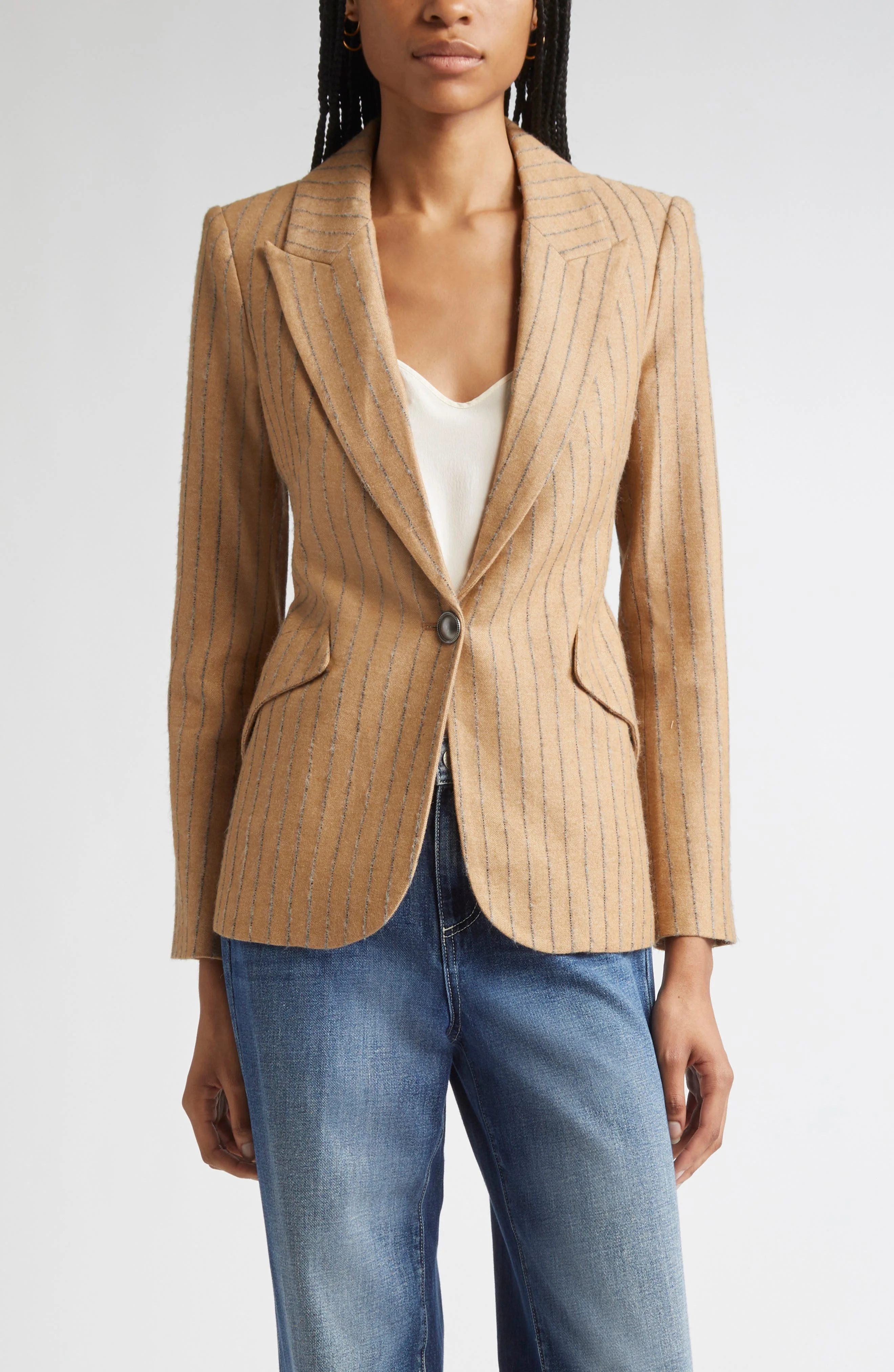 L'AGENCE Chamberlin Charcoal Stripe Blazer in Tan Charcoal Stripe at Nordstrom - 1