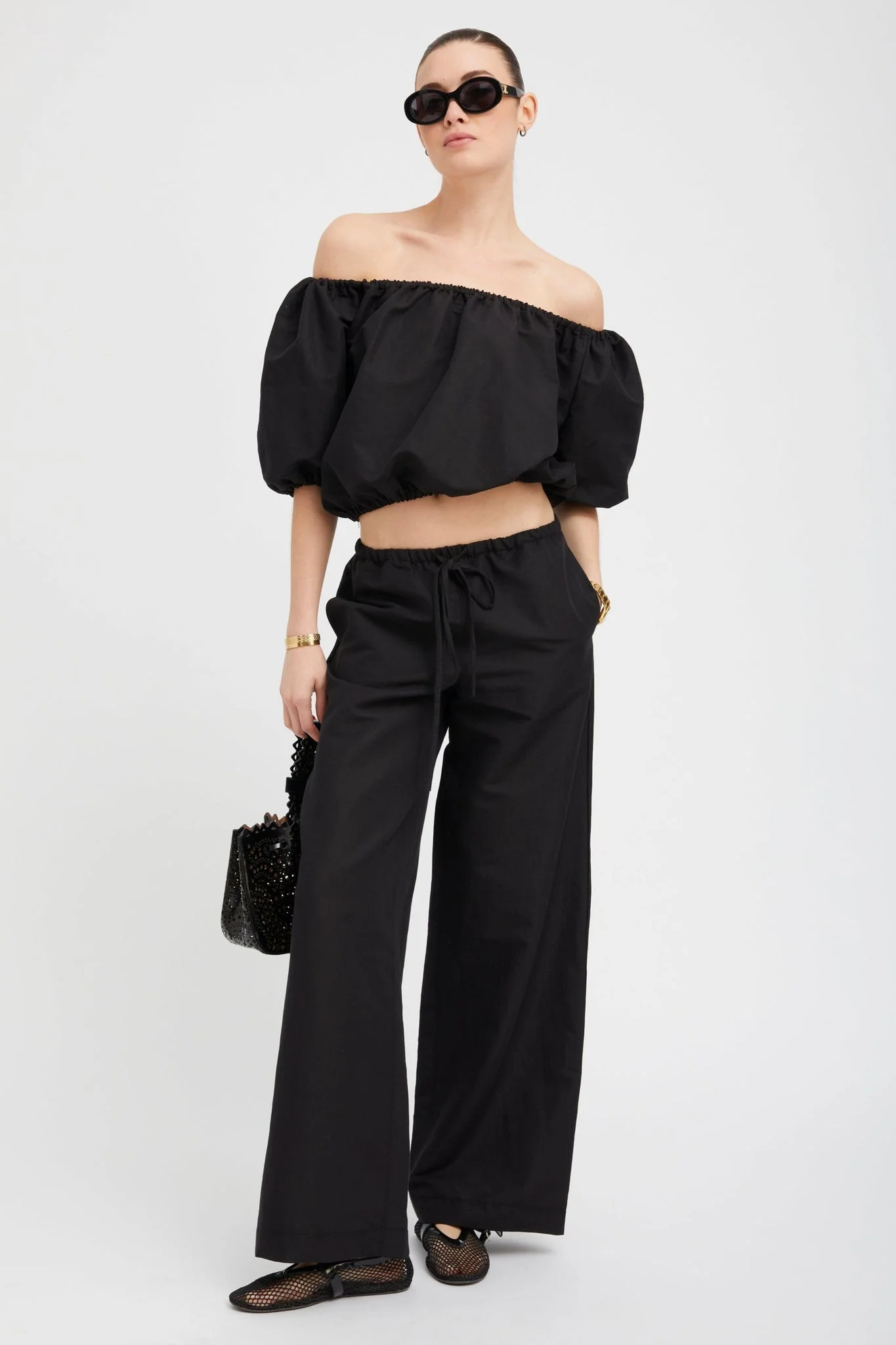 BLACK LINEN DRAWSTRING PANTS - 1
