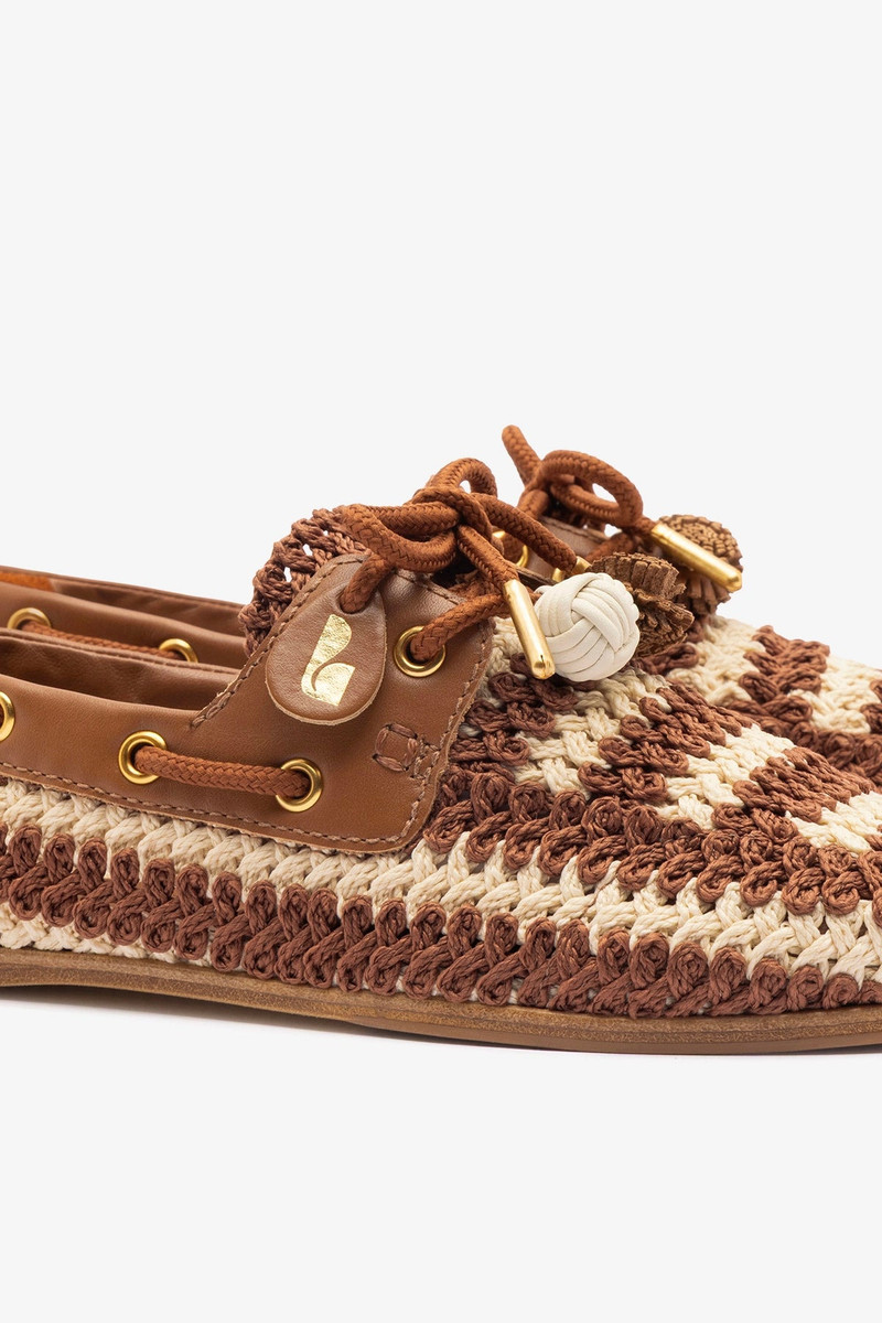 Cyprus Crochet Boat Shoe In Caramel and Ivory Crochet and Caramel Leather 4