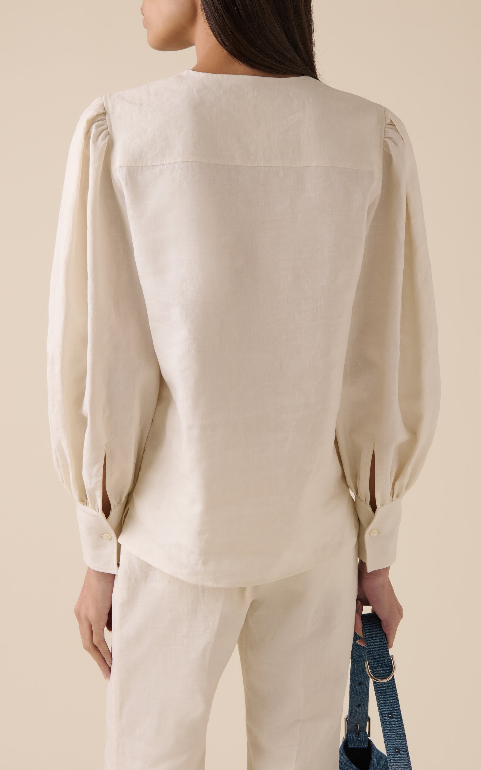 Balloon-Sleeve Lace-Up Linen Shirt neutral - 4