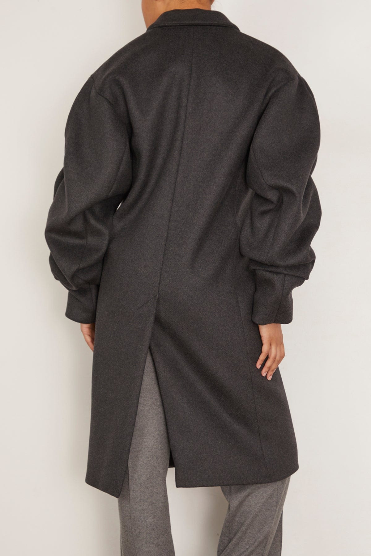 Pleated Sleeve Wool Coat in Dark Grey Melange - 4