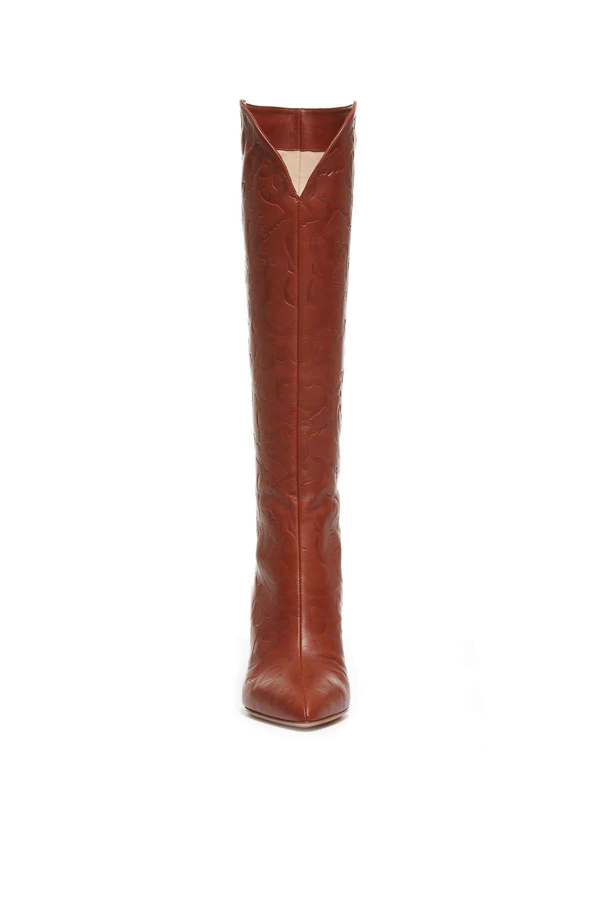 Debossed Knee-High Cora Boots in Cognac Leather - 4