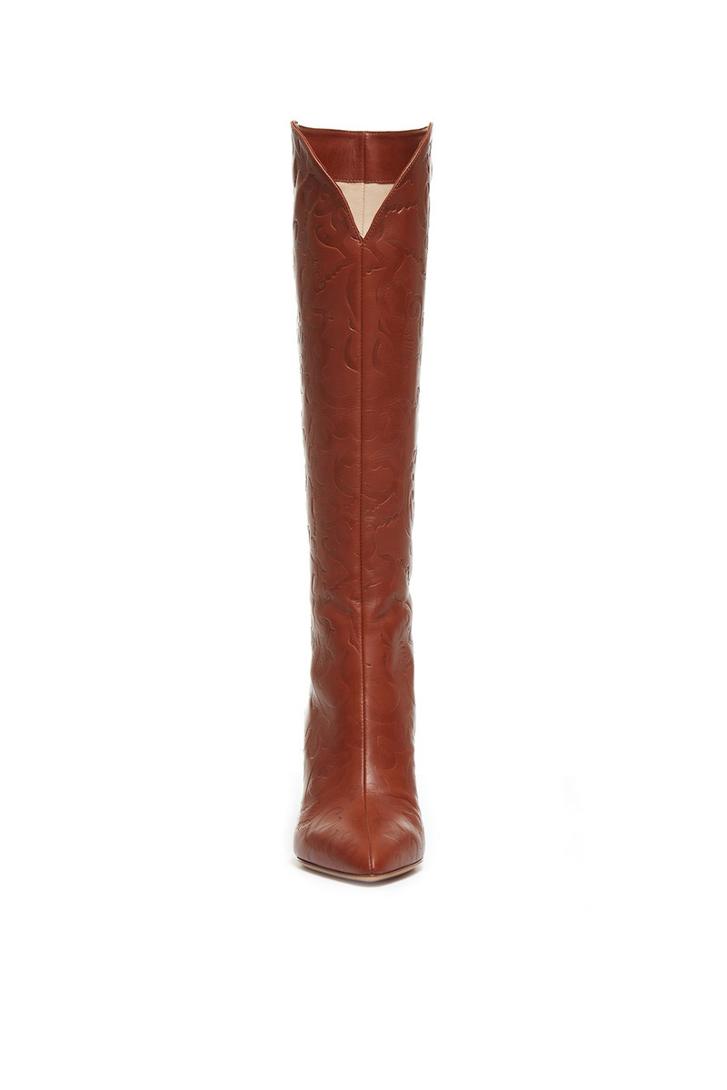 Debossed Knee-High Cora Boots in Cognac Leather 4